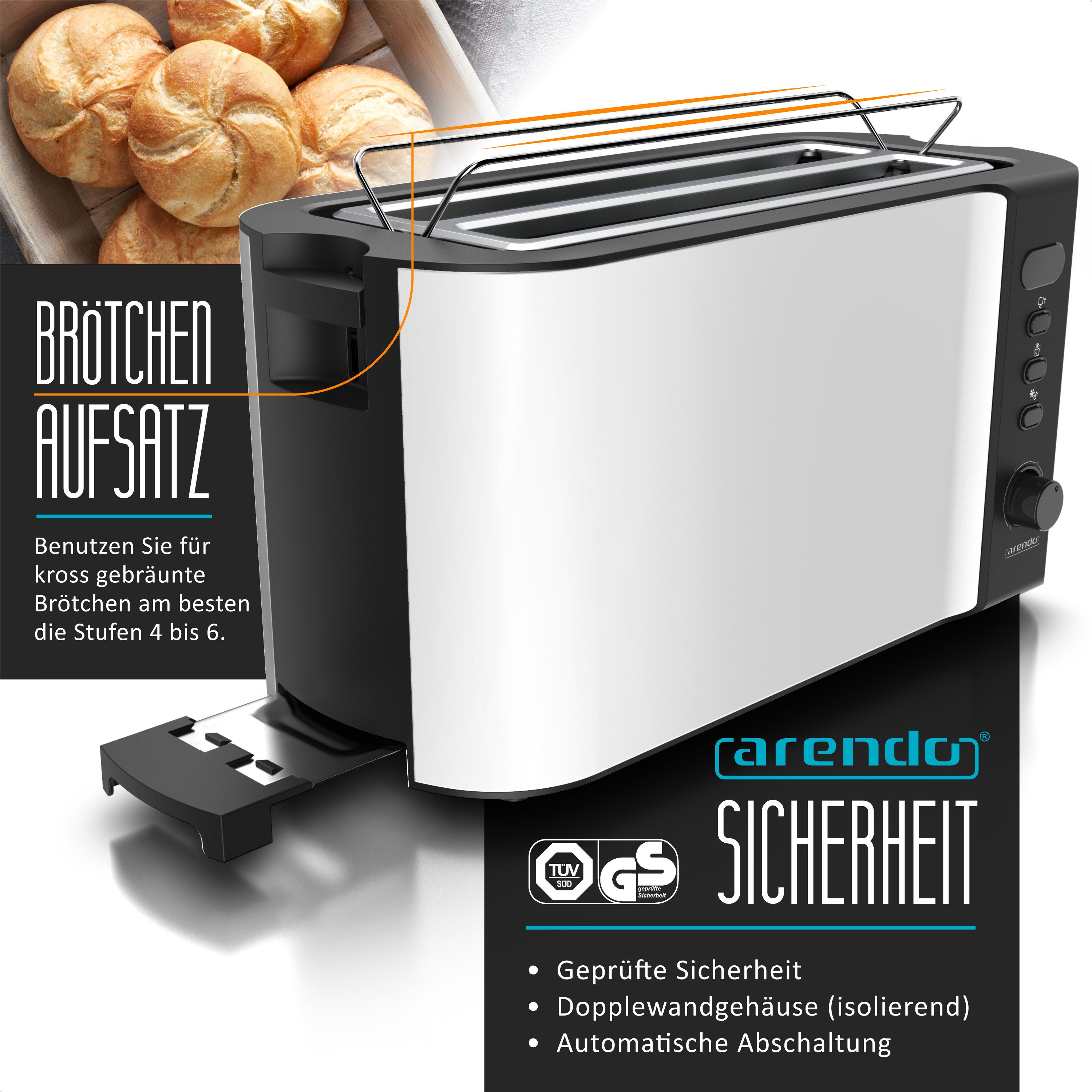 Arendo Toaster Edelstahl, Langschlitz, Display mit Restzeitanzeige, Krümelschublade, 2 lange Schlitze, für 4 Scheiben, 1500 W, Defrost Funktion, Wärmeisolierendes Gehäuse, mit Brötchenaufsatz