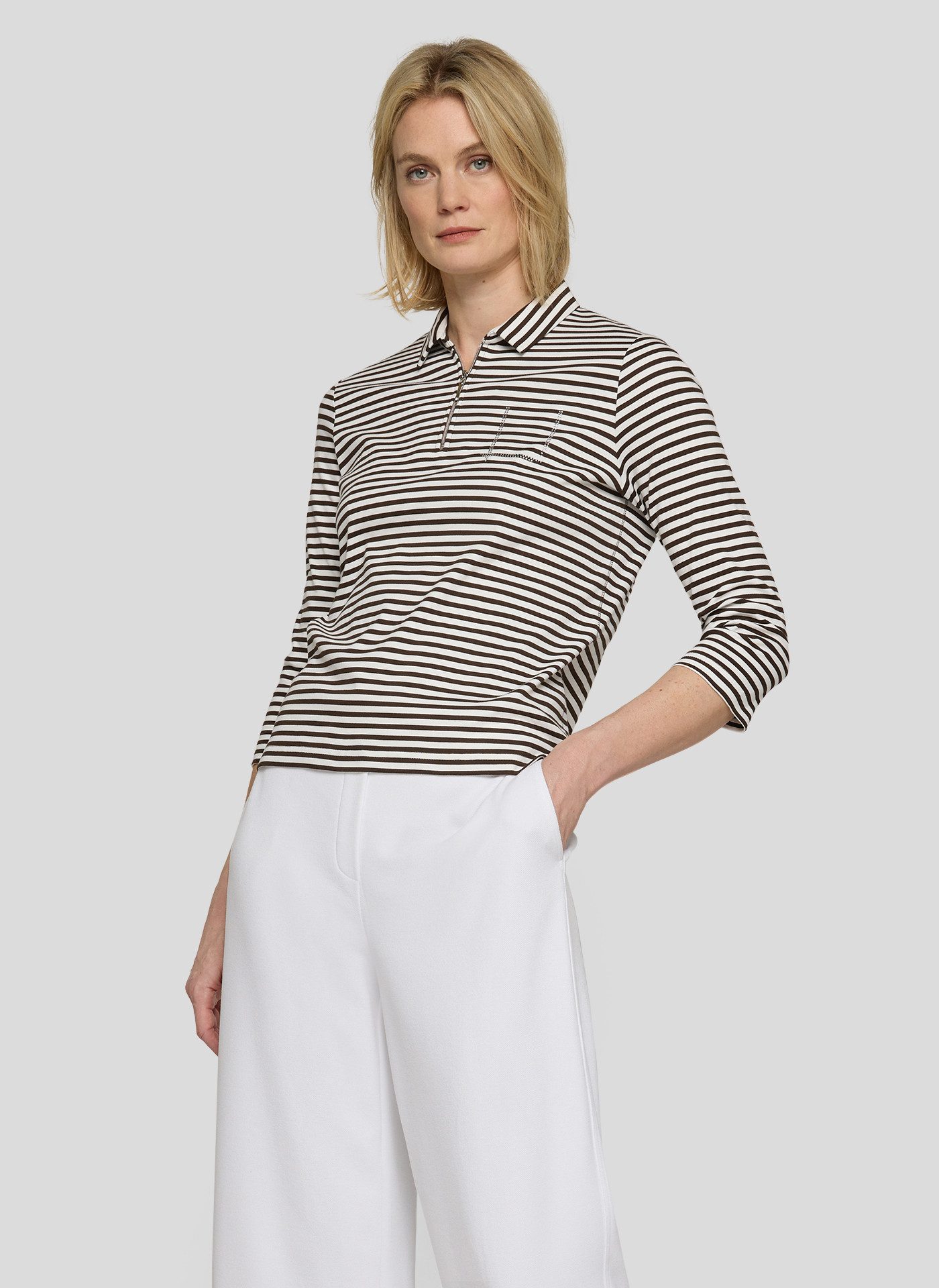 Rabe T-Shirt 3/4-Arm geringelt und mit Hemdkragen und Glitzersteinen