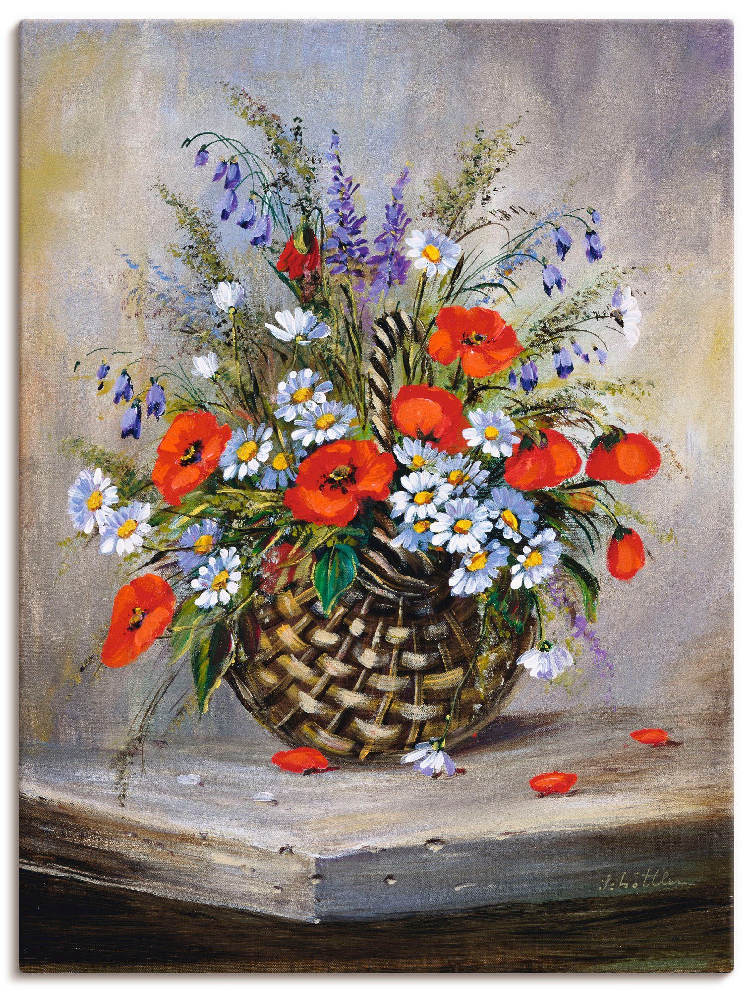Artland Leinwandbild Blumiger Korb, Blumen (1 St), auf Holzrahmen gespannt