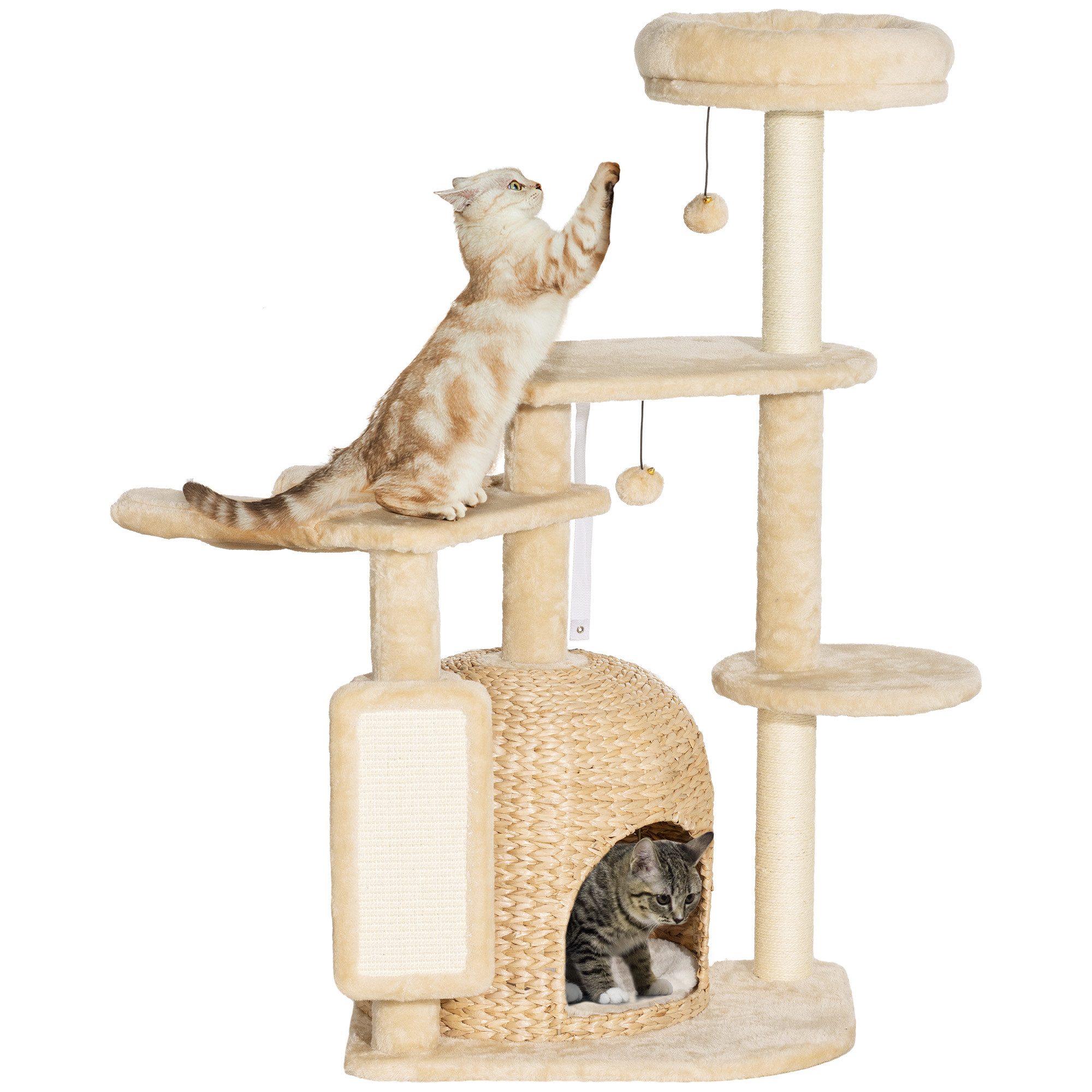 Kratzbaum 112 cm, mit Katzenhöhle, Bett, Spielbälle, Sisal-Kratzsäulen