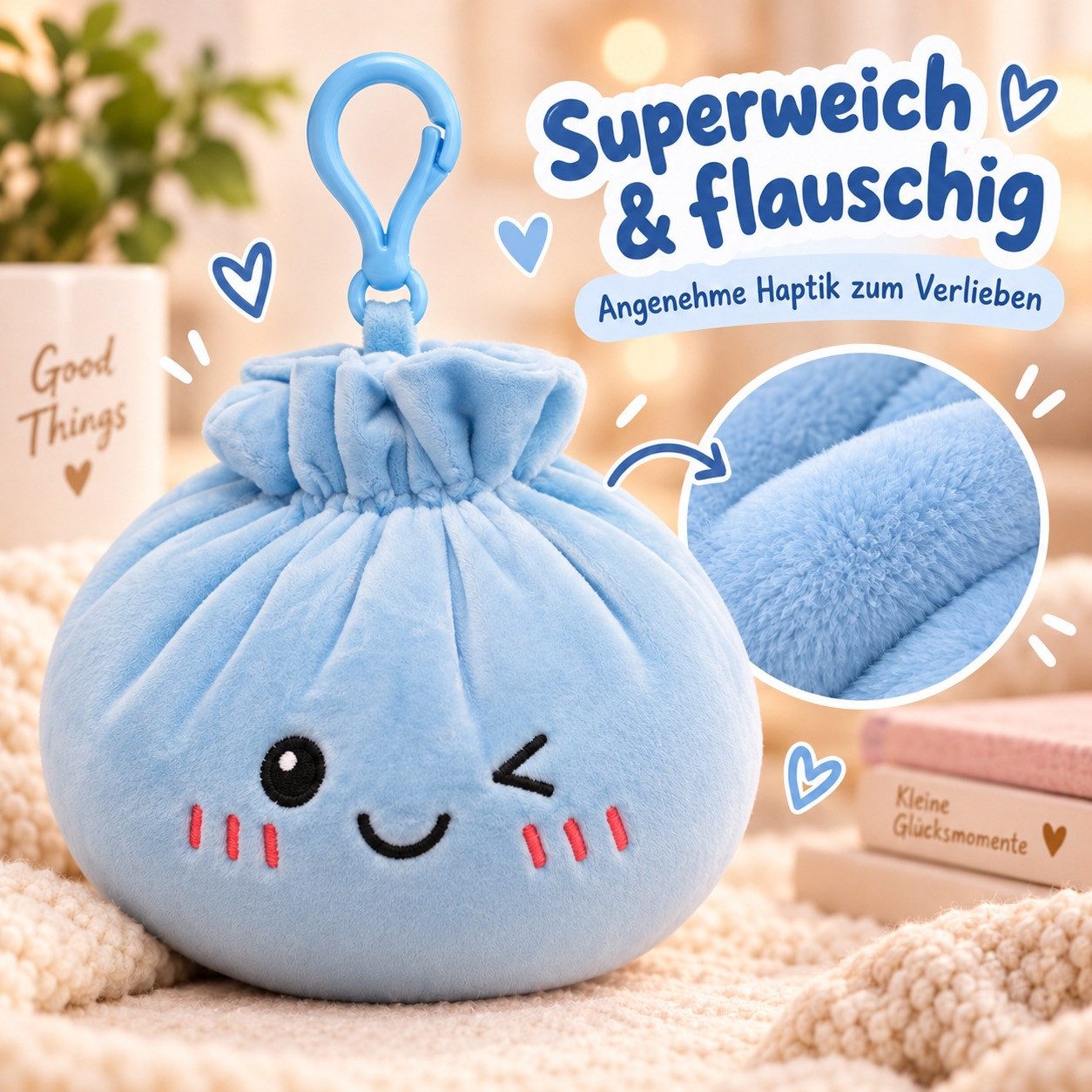 Bert Struis Gepäckanhänger Kawaii Dumpling Bagclip Taschenanhänger Schlüsselanhänger 12cm blau (Set, 1-St., Geschenk-Set) Plüschanhänger mit niedlichem Kawaii-G – Bild 3 von 5