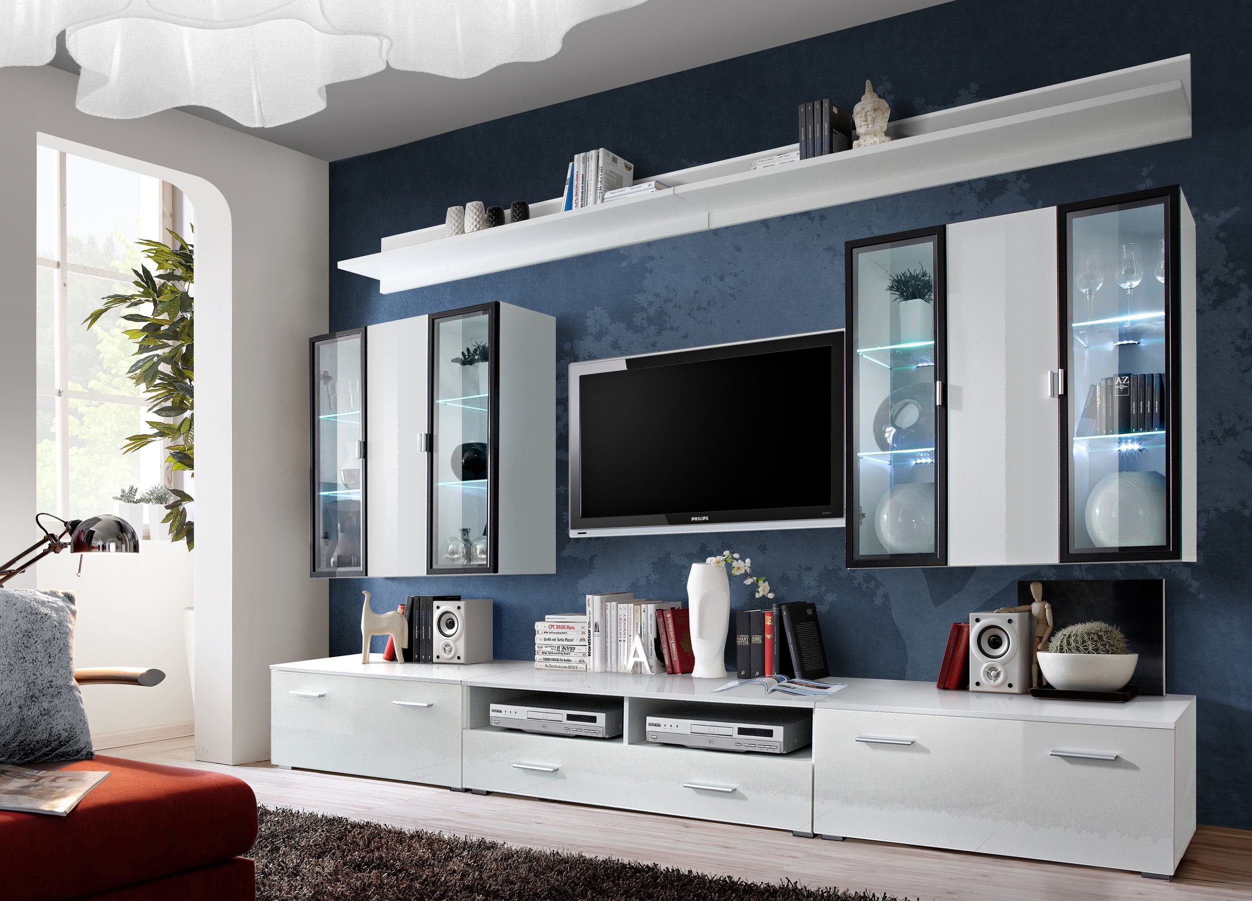 Stylefy Wohnwand ICALIND 190x300x45 cm, (Wohnmöbel, Wohnzimmer-Set, Set (7-St), bestehend aus 2xHängevitrine, 3xLowboard, 2xWandpaneel, mit Glaseinsatz, variabel hängbar und stellbar, Hochglanz Weiß Matt / Weiß Hochglanz