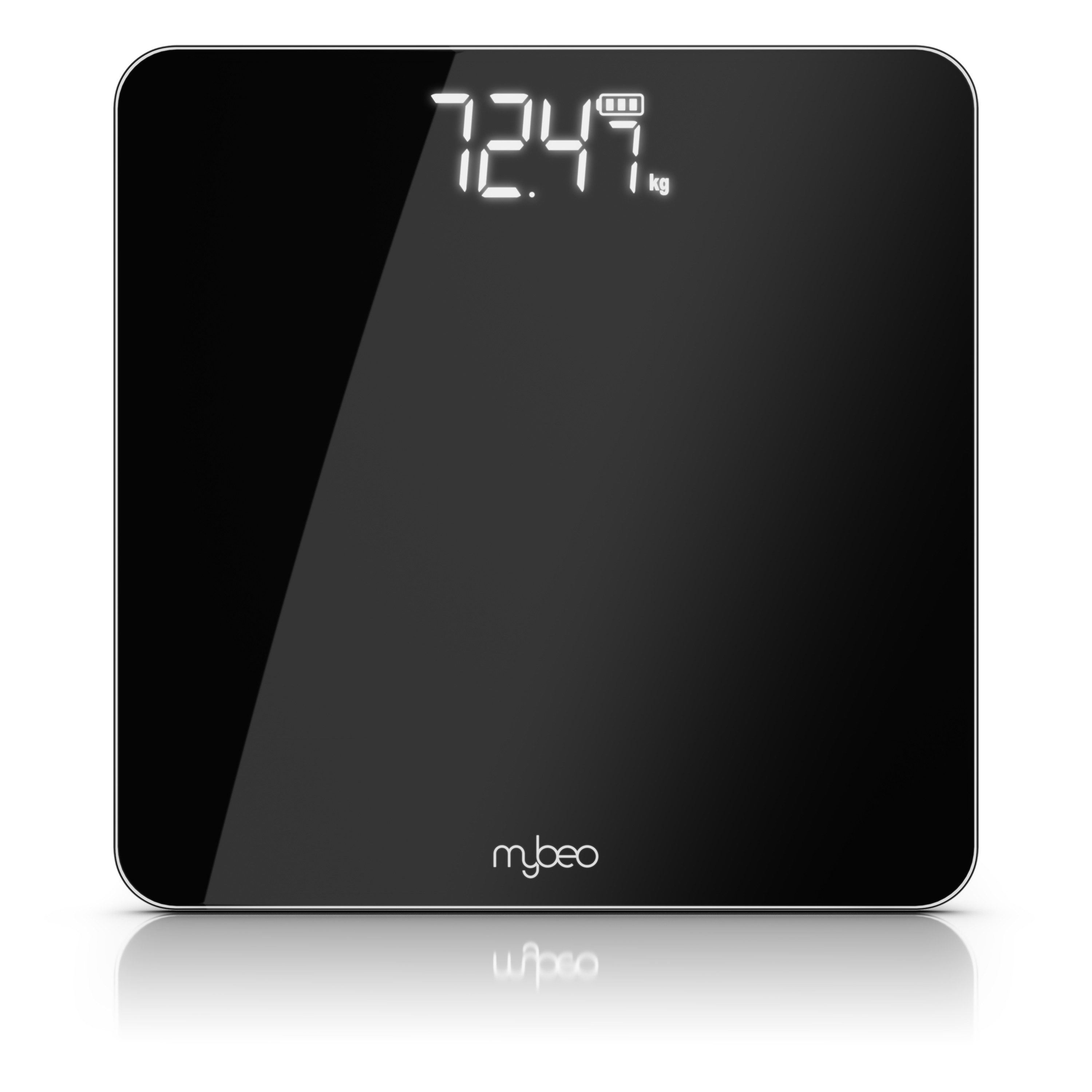 MyBeo Personenwaage digitale Waage für Personen, große Trittfläche aus 6mm Sicherheitsglas, 1-tlg., Badezimmer Digitalwaage, schmales Design, max. Belastung über 150 kg
