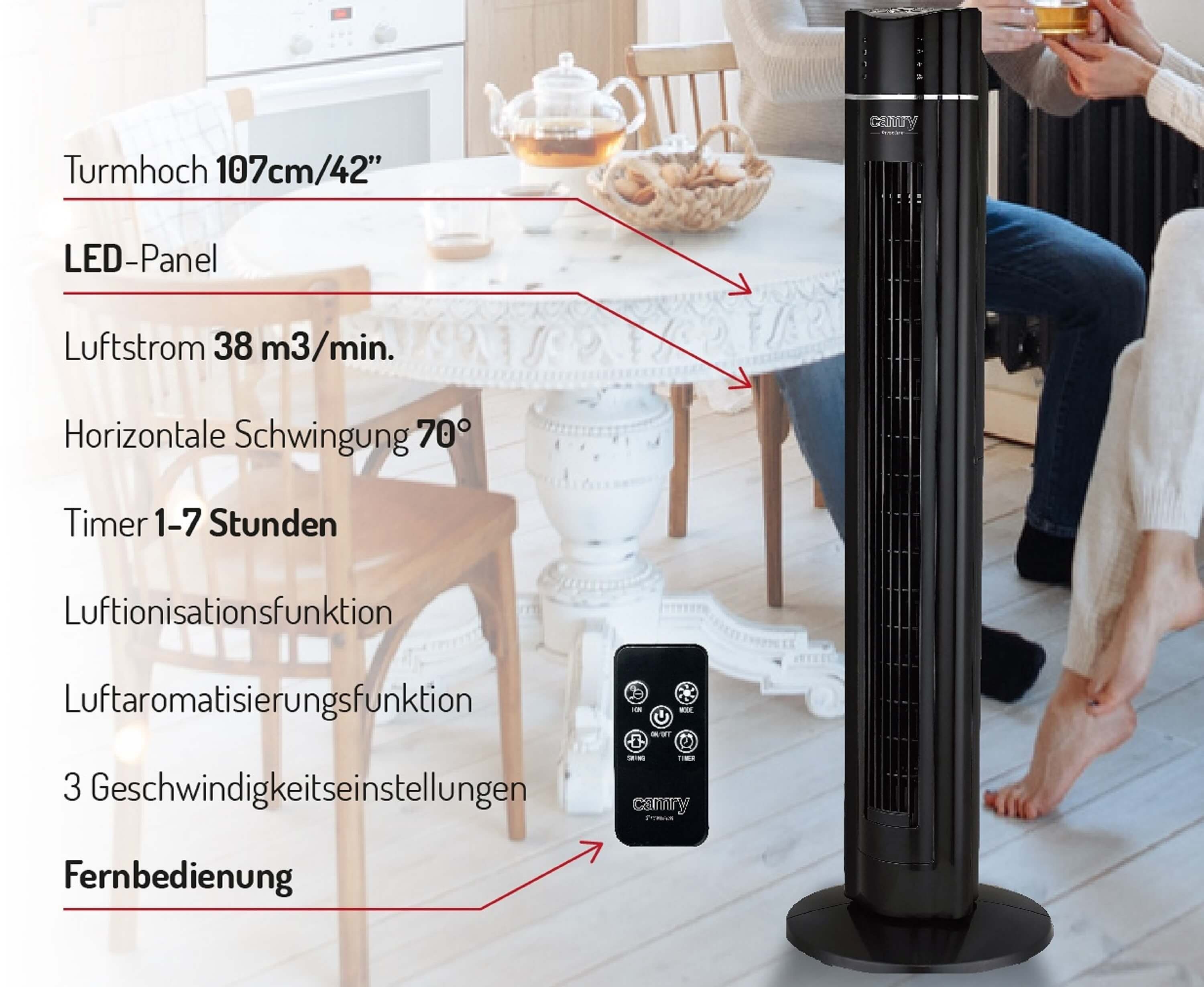 Fernbedienung, Timer, Duftfach 7h Oszillation, CR-7320, Camry Turmventilator