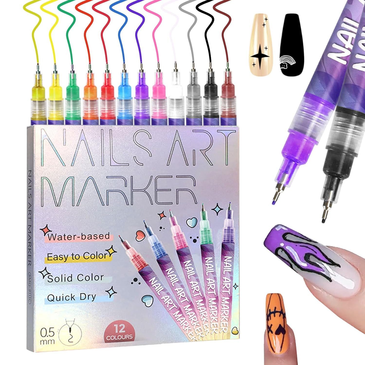 Xruiy Nageldesign Zubehör 12 Farben Nail Art Stifte Set, 0,5 mm Präzisionsspitze für feine Linien – Nail Art Pens für DIY Maniküre und kreatives Nageldesign 12-tlg.