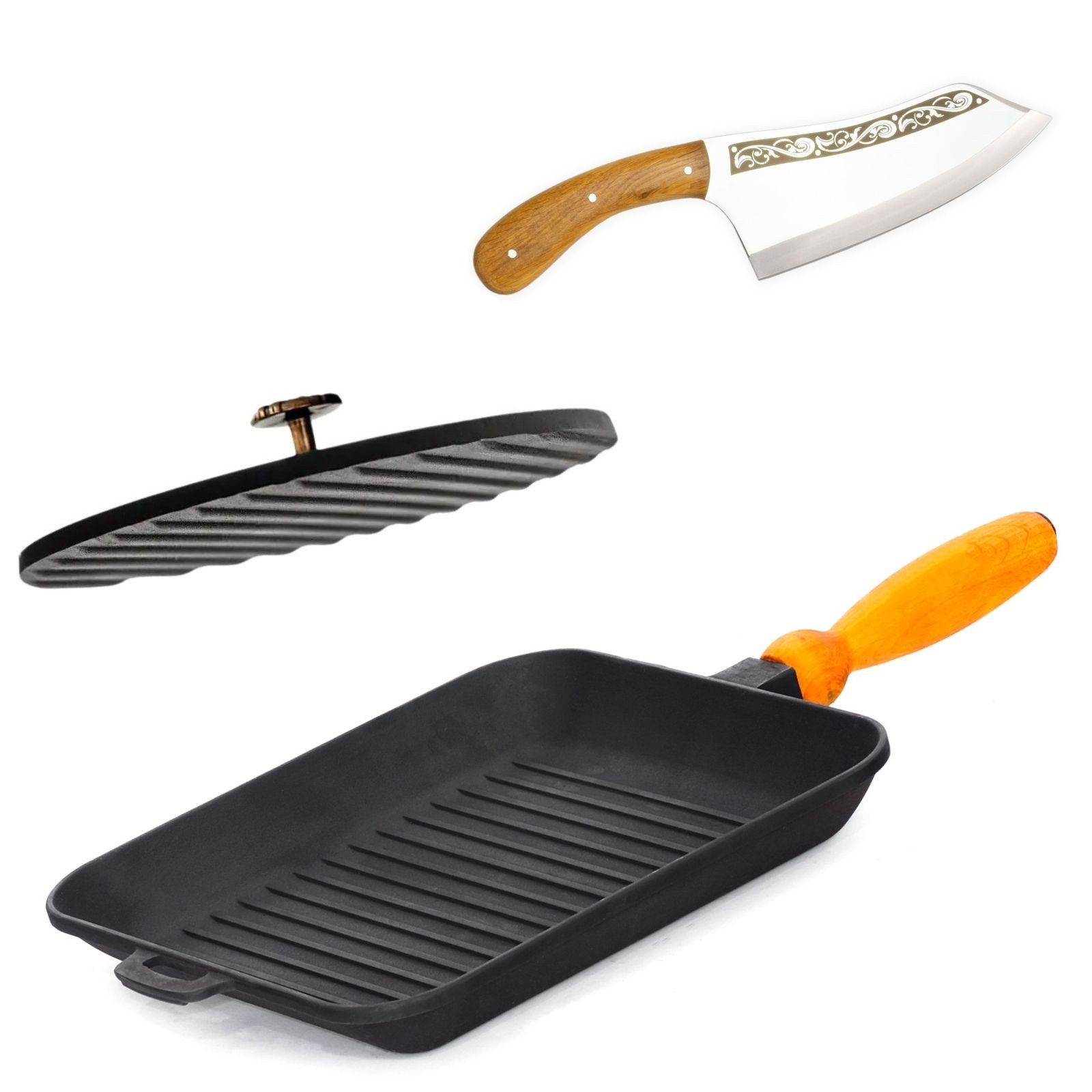 BIG-PAN Grillbesteck-Set 28 cm Grillpfanne Ø19,5 cm Grillpresse Pressdeckel Gusseisen Messer