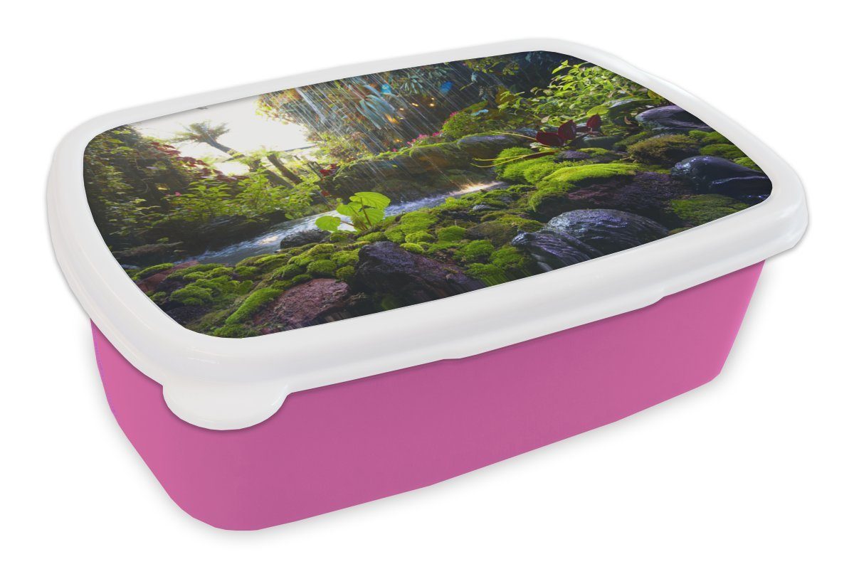 Lunchbox Kunststoff Brotbox Kinder, Kunststoff, (2-tlg), Erwachsene, MuchoWow Wasserfall, rosa Brotdose für Snackbox, Tropischer Mädchen,