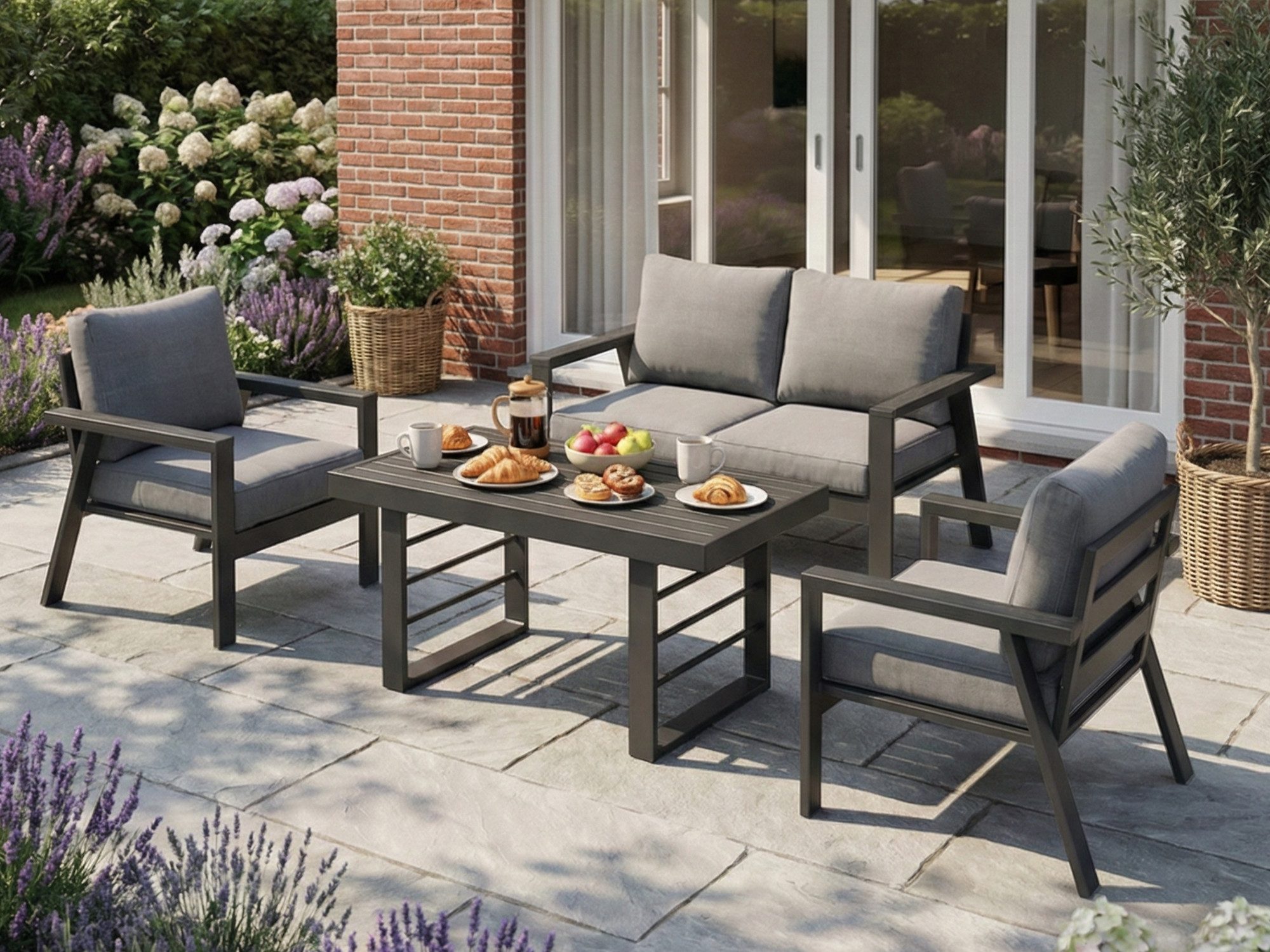 MeXo Gartenlounge-Set Gartenmöbel Set Aluminium 4 Personen Bequeme Lehne, (Garten Essgruppe, 76 cm Extra breite Sitze mit Ergonomische Rückenlehnen, 4-tlg., Esstisch 130x66x66cm), Wetterfest Balkonmöbel set, Dining Lounge, Tischplatte aus WPC