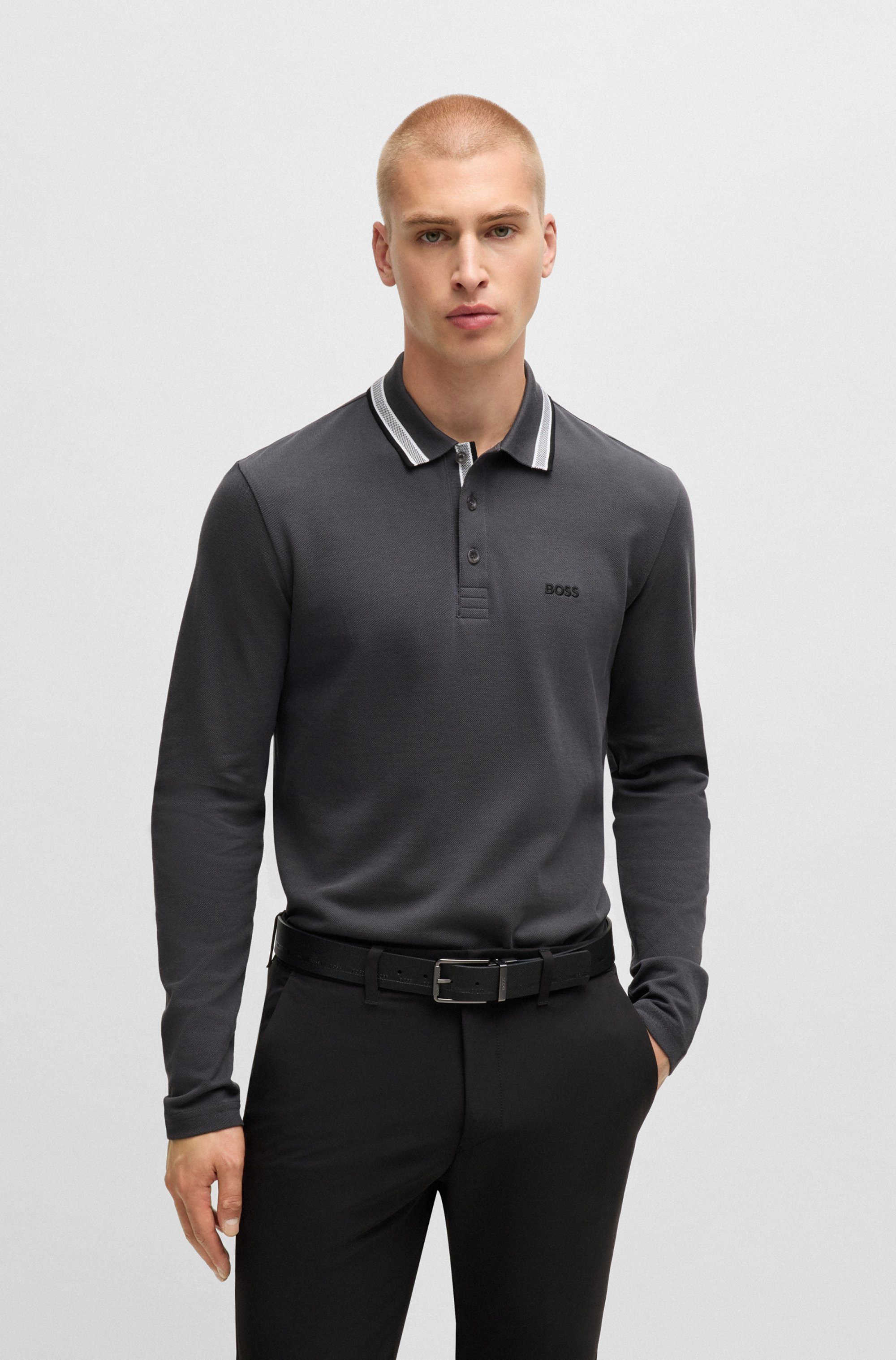 BOSS GREEN Langarm-Poloshirt Plisy mit Streifen günstig online kaufen
