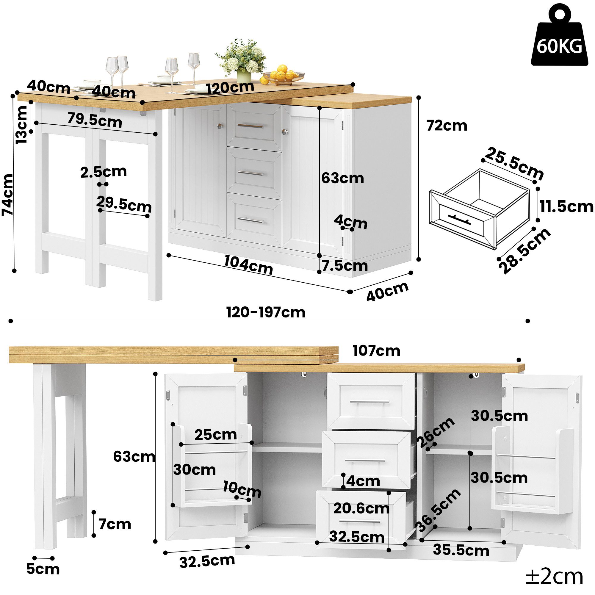 Celya Kücheninsel mit ausziehbarer Esstischplatte,wandelbare Theke, (Snackregal, Magnetverschluss und große Schubladen, modernes Design)