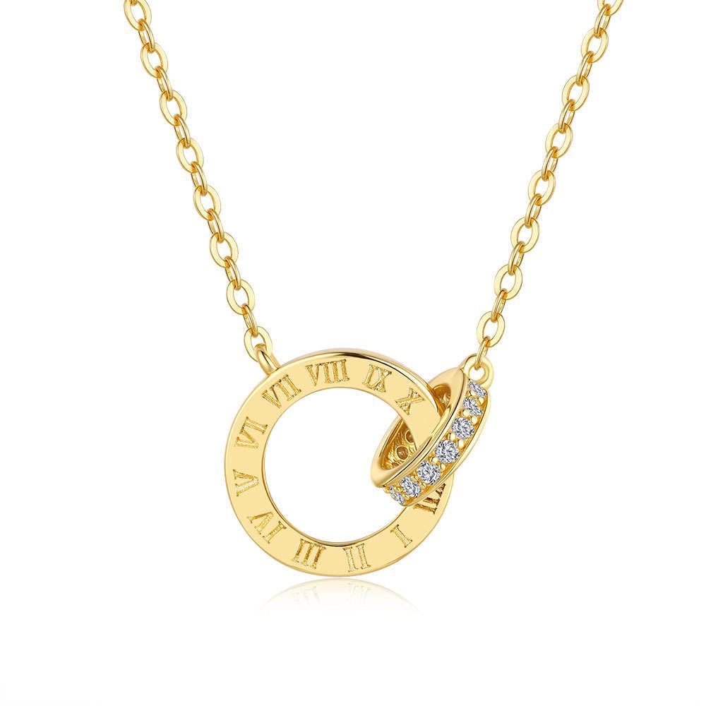 Runde Perlé Kette mit Anhänger Damen Halskette Doppelring Anhänger mit 13 Moissanite Steinen, 925 Sterling Silber 18K Gold plattiert GRA Zertifikat