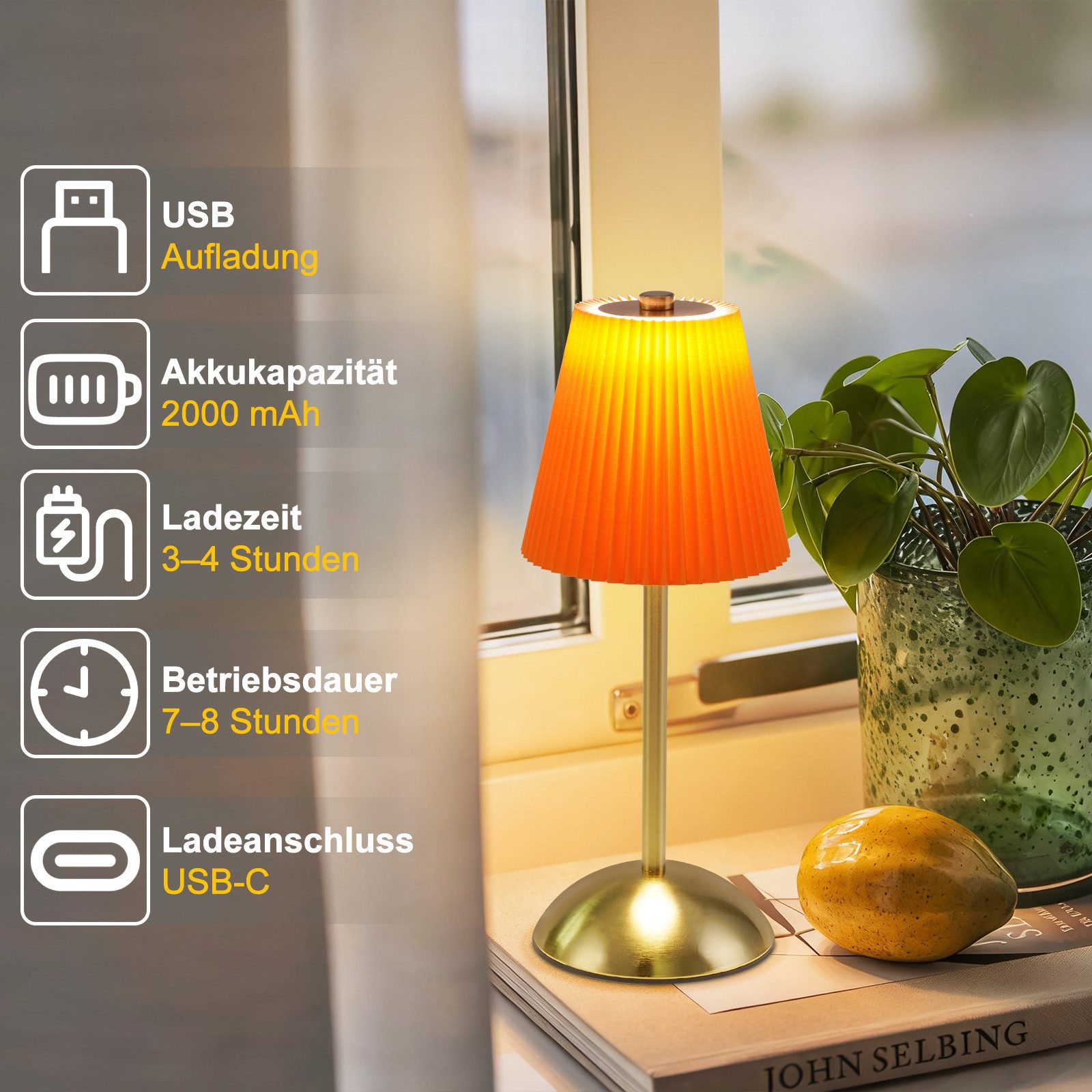 ZMH LED Tischleuchte 2er Set Akku Touch Nachttischlampe - Dimmbar 3 Farbtemperature mit USB, 3000-6500K