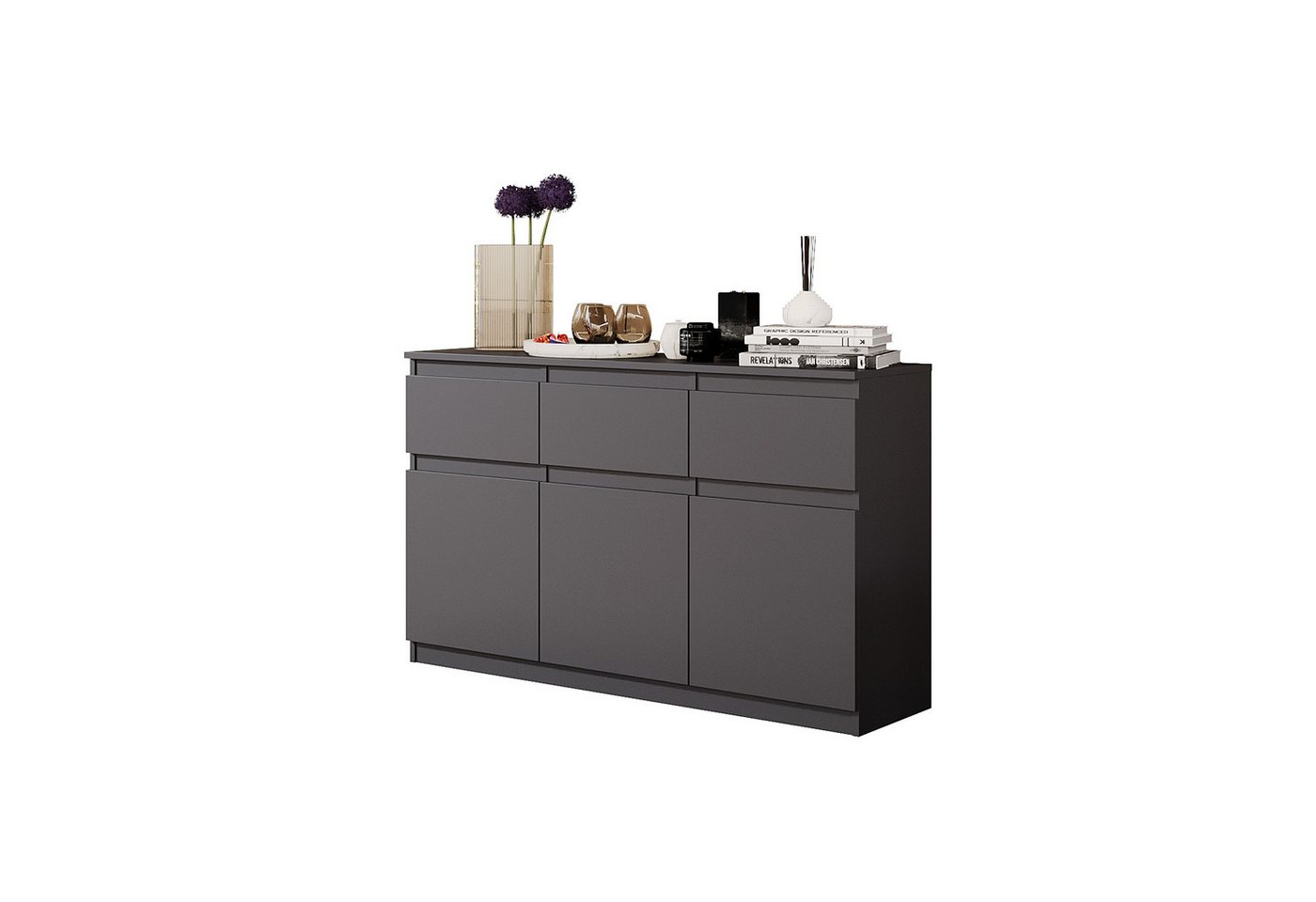 Furnica Kommode Anthrazit 120 cm mit 3 Schubladen und 3 Türen- Wohn-und Schalfzimmer