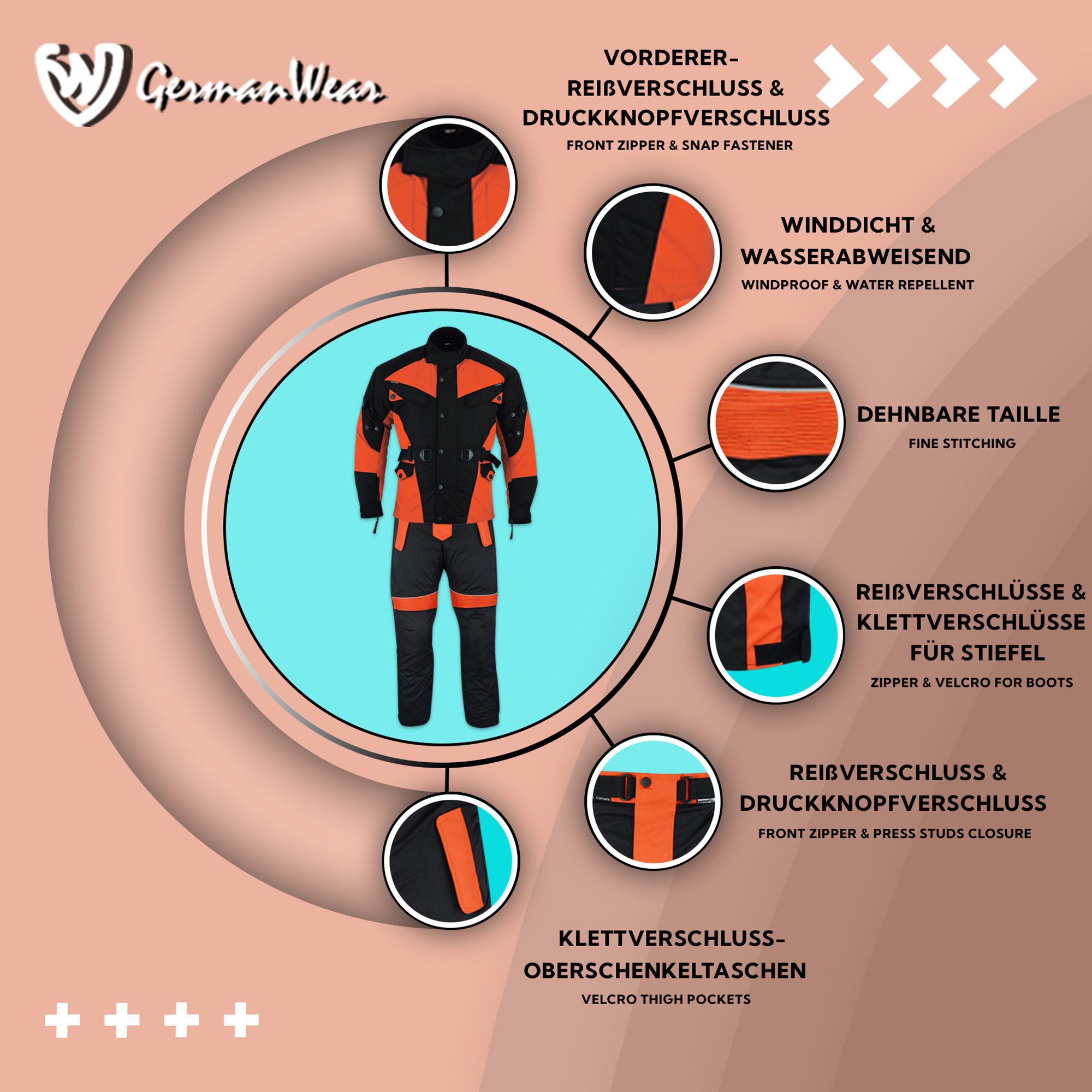 German Wear Motorradkombi GW302K (Spar-Set, 2-tlg., mit Protektoren, Motorradjacke & Motorradhose) 2-teiler Motorradjacke + Motorradhose – Bild 4 von 5