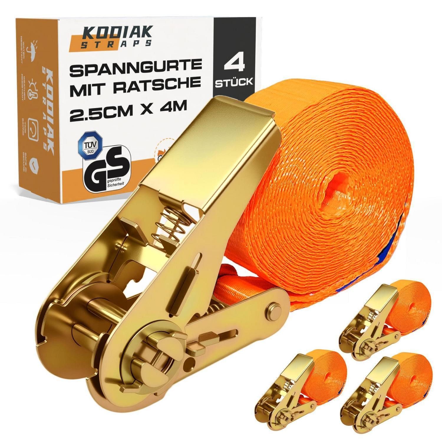LuxusKollektion Zurrgurt Spanngurte Ratschenschloss 1000kg 25mm Orange TÜV GS 4 Stück 4 m