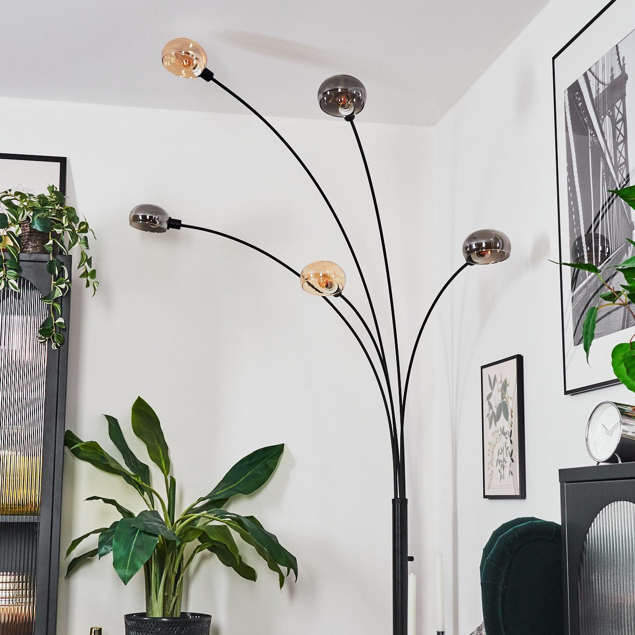 hofstein Stehlampe Stehlampe aus Metall in Schwarz/Rauch/Bernstein, Retro-Design, verstellbare Stehleuchte mit Marmorfuß und Schalter am Gehäuse, E14