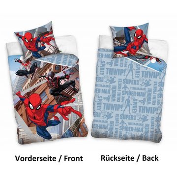 Kinderbettwäsche Spiderman Blau für Jungen 135x200 80x80cm aus 100% Baumwolle, Familando, Biber, 2 teilig, mit Wendemotiv Spiderman in rot, weiß und schwarz