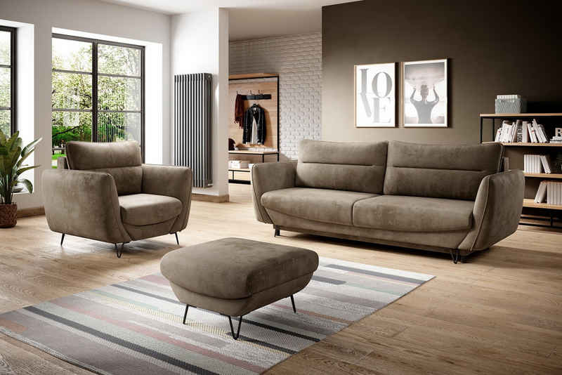 ROYAL24_MARKT Sofa - Wohnzimmer Komfort / Sofa - Sessel - Puff für Entspannung., Komplett Set 3 Teile, Bequeme Sofa / Stilvoller Sessel / Praktischer Puff