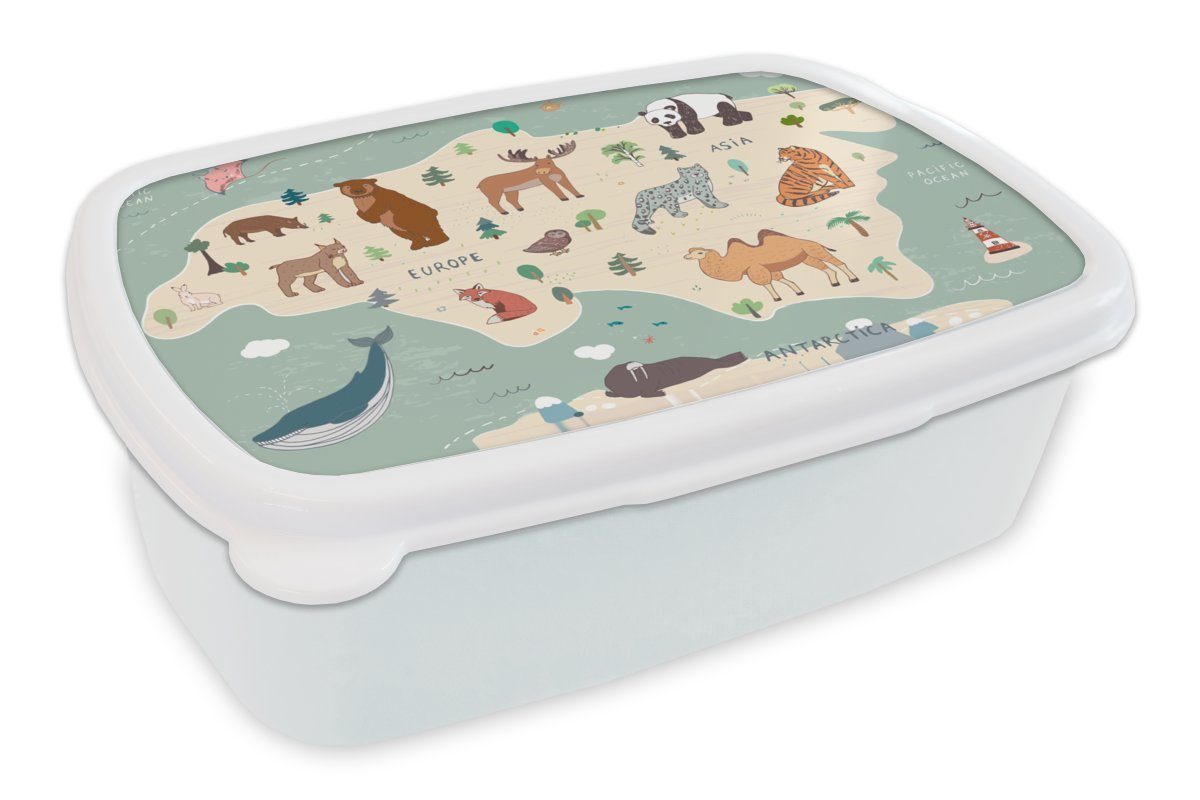 MuchoWow Lunchbox Weltkarte - Kinder - Kontinente - Jungen - Blau - Kinder, Kunststoff, (2-tlg), Brotbox für Kinder und Erwachsene, Brotdose, für Jungs und Mädchen weiß