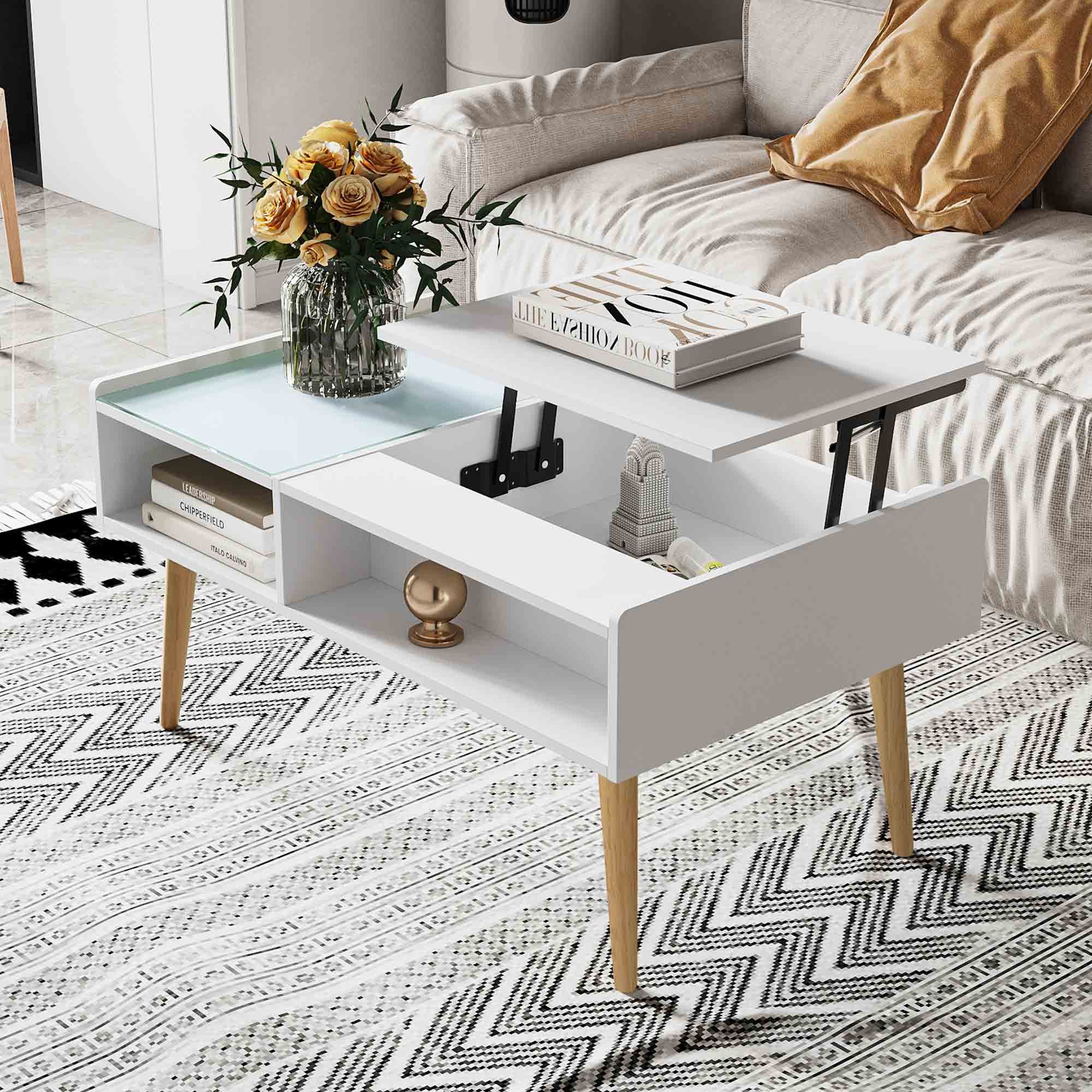 Makika Ablagetisch Couchtisch Wohnzimmertisch mit Glas ausziehbar in Weiß günstig online kaufen