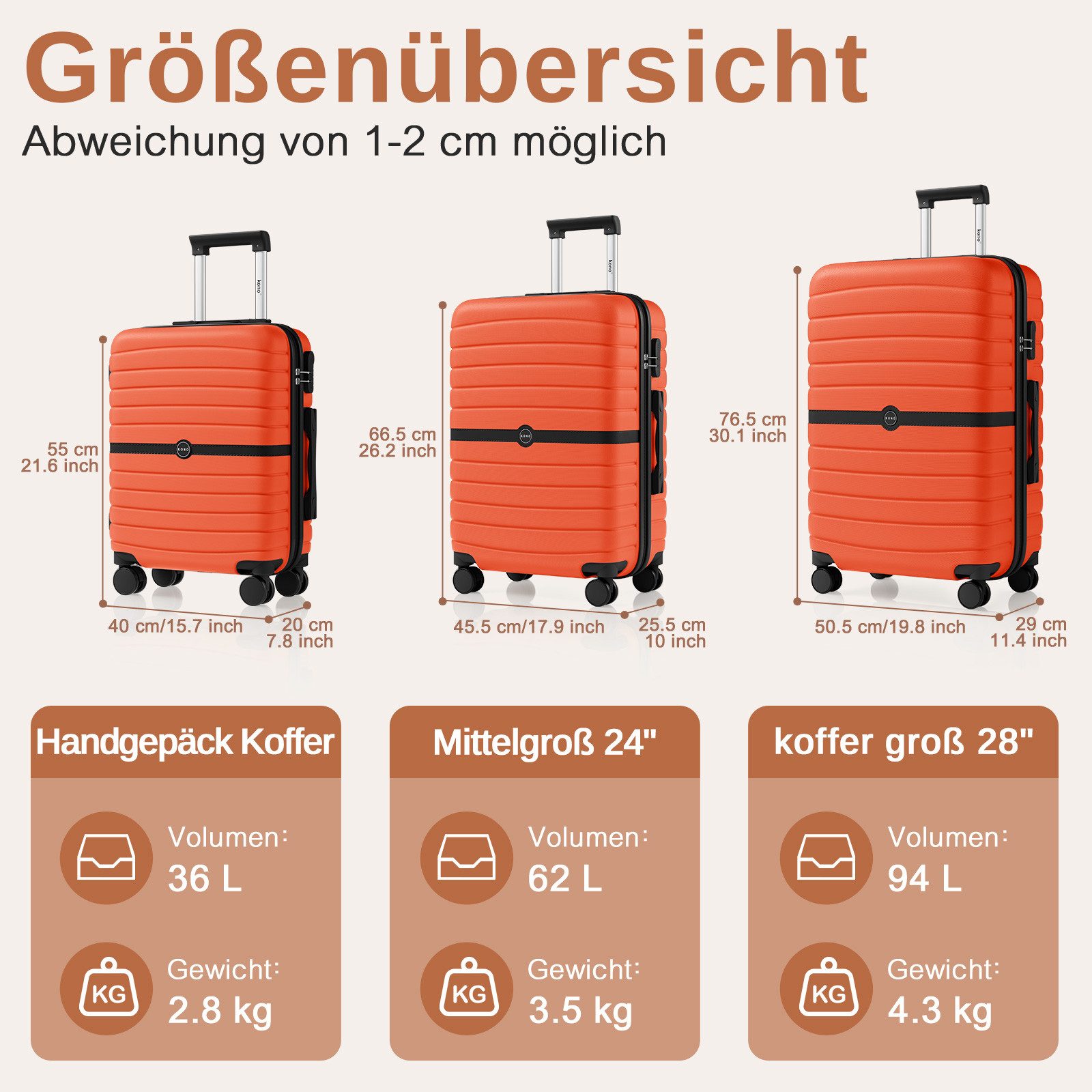 KONO Handgepäckkoffer Koffer Trolley ABS+PC Hartschalenkoffer