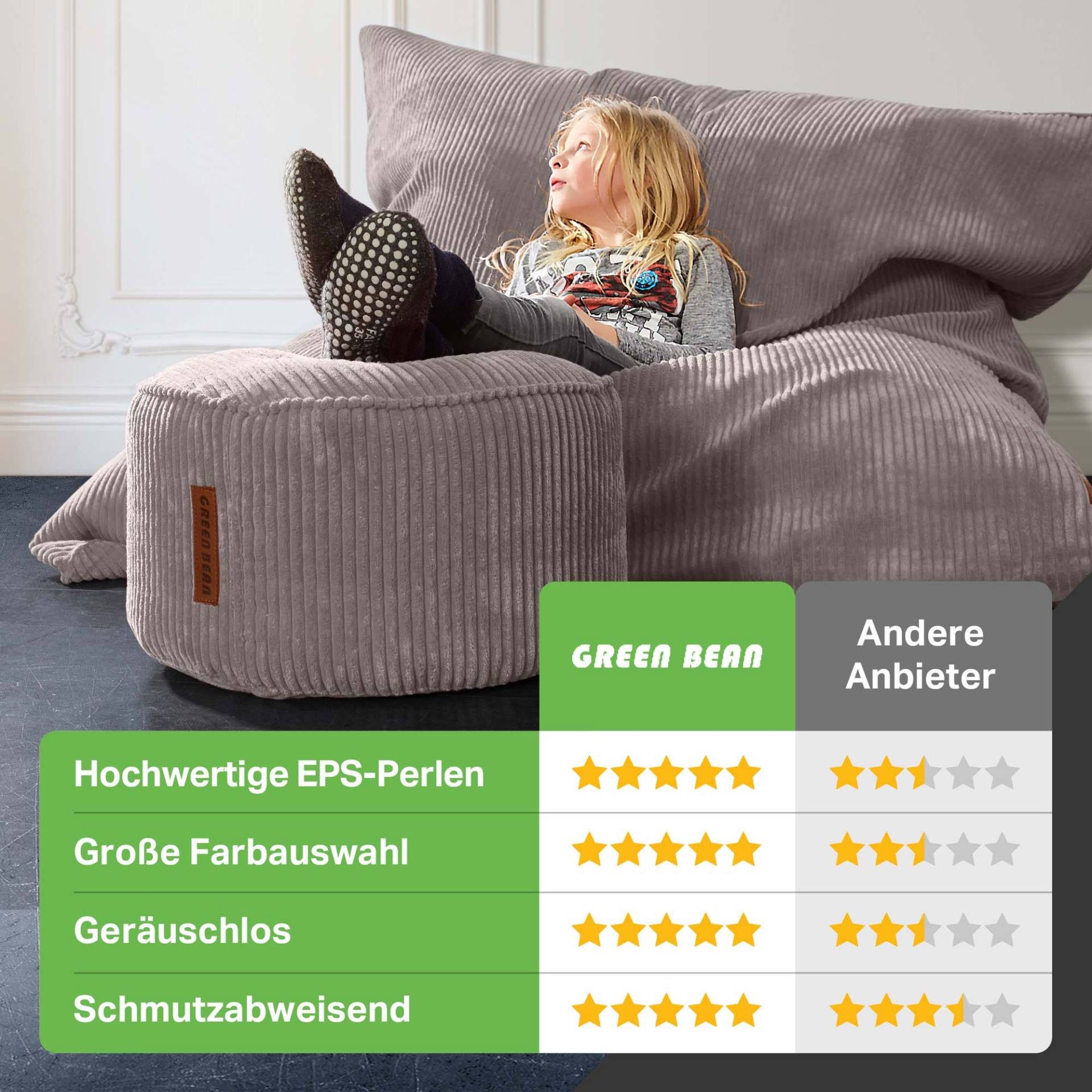 Green Bean Sitzsack XXL Sitzsack Square Cord + Hocker (Sitzsack + Hocker im Set - XXL Riesensitzsac mit passendem Fußhocker), Bean Bag Bodenkissen Liegekissen S – Bild 5 von 5
