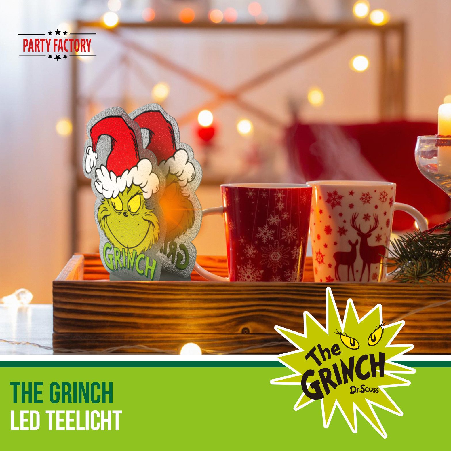 Party Factory LED-Kerze The Grinch LED Teelicht – Weihnachtsdeko Figur grün rot Weihnachten