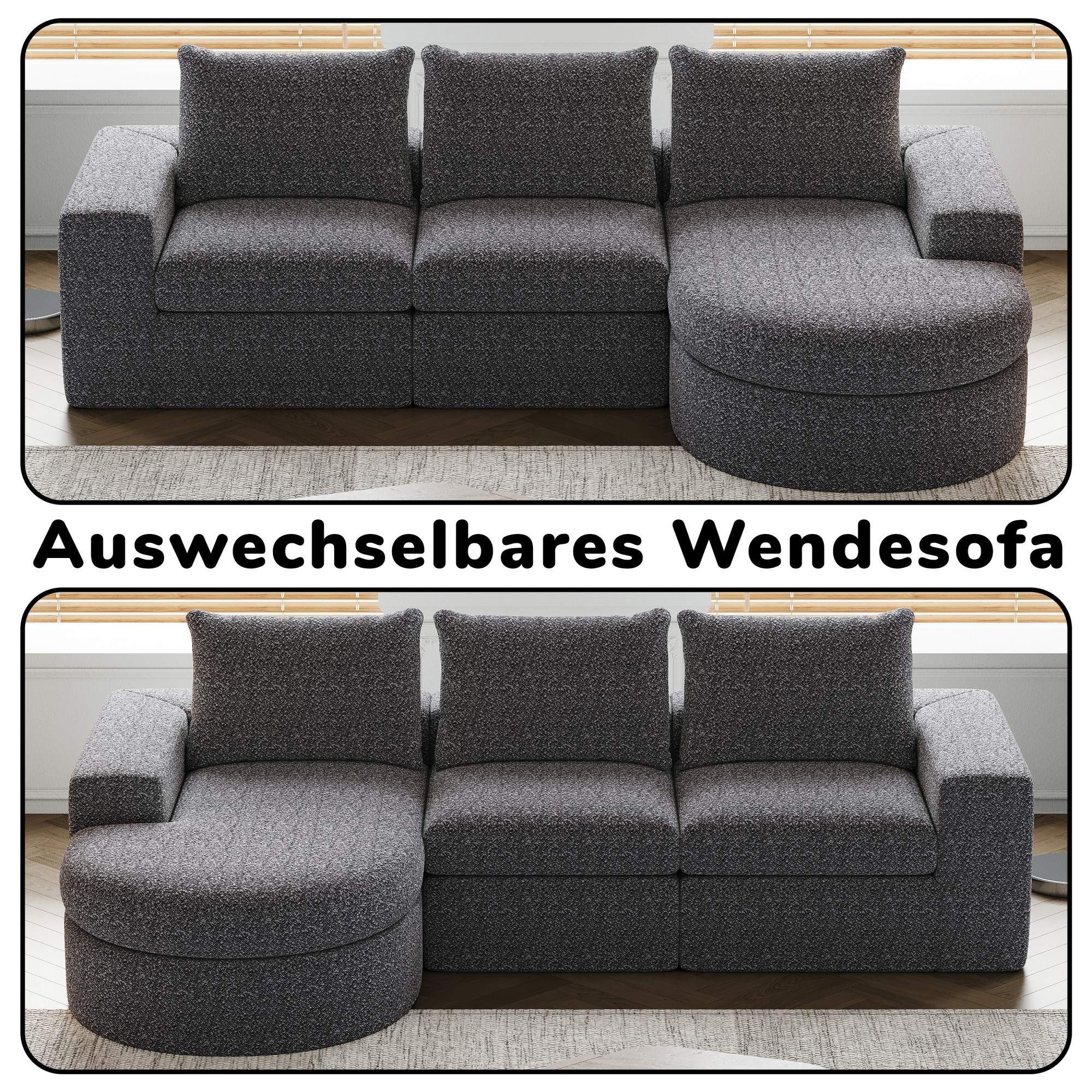 LVHOM Loungesofa Ecksofa, modulares Design, freie Kombination, doppelte Sitzkissen, Zweisitzer-Sofa mit geschwungener Chaiselongue, drei Rückenkissen, verstärktes Eisengestell, rutschfestes Design, Premium-Schaumstofffüllung (ergonomisch) 1 Teile, komprimierte Verpackung; ideal für Homeoffice, Wohnzimmer