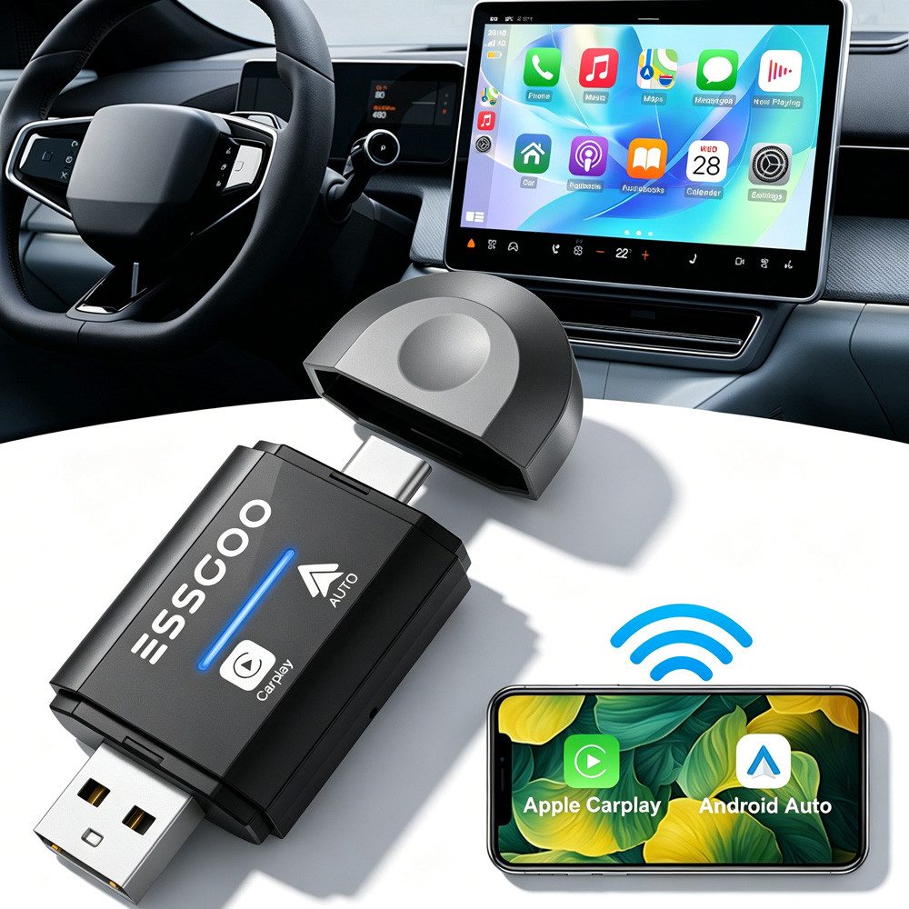 ESSGOO 2-in-1 CarPlay Android Auto Adapter USB Plug & Play für iPhone Android Adapter Type-C, USB zu Type-C, USB, Dashcam DVR Bluetooth Touchscreen USB WIFI Mirror Link Autoradio