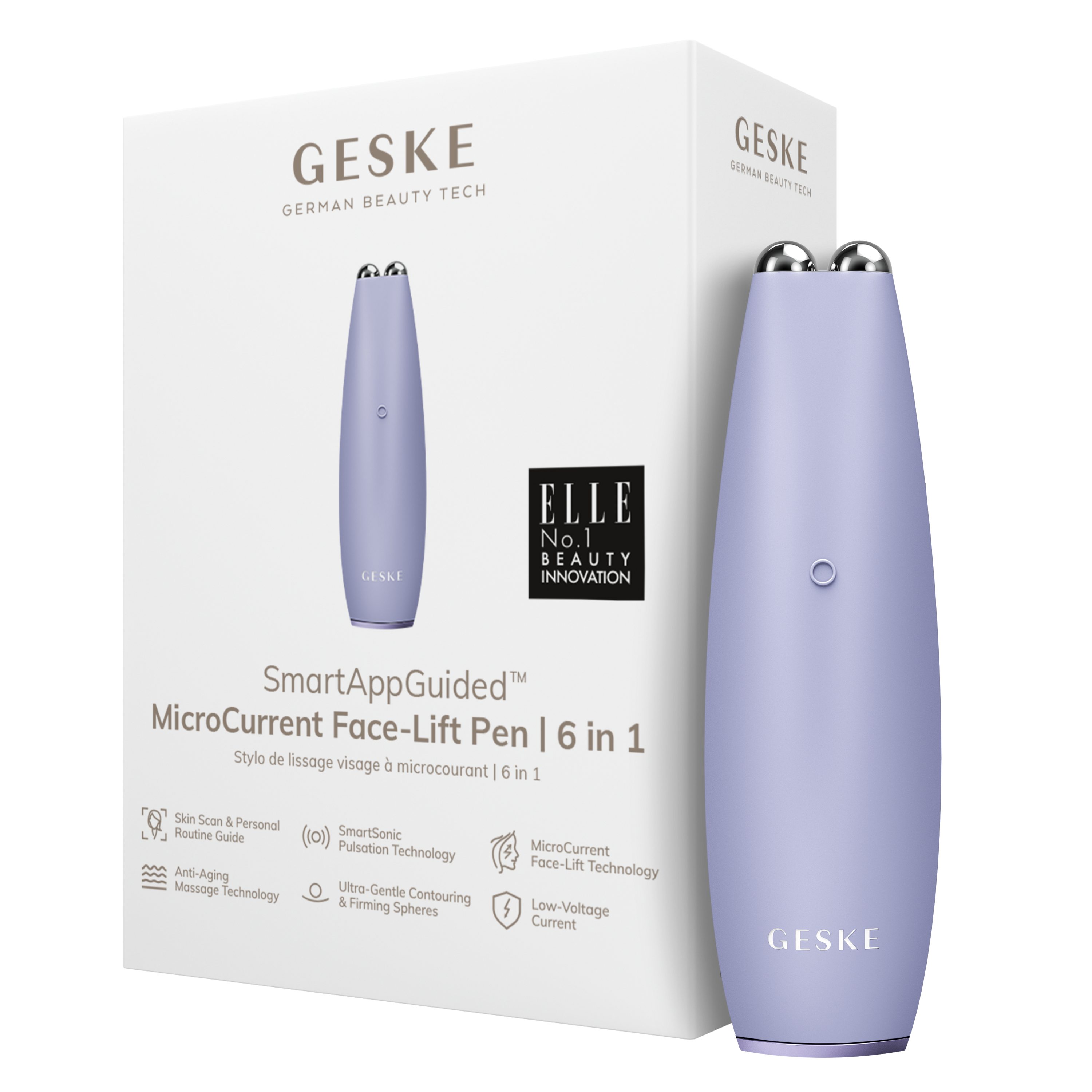 GESKE German Beauty Tech Enhancer SmartAppGuided™ MicroCurrent Face-Lift Pen 6 in 1, Packung (Gerät & USB-Ladekabel), 2-tlg., Gerät inkl. kostenloser APP (SmartAppGuided Device), Mit der GESKE App erhältst Du deine personalisierte Hautpflegeroutine. Purple
