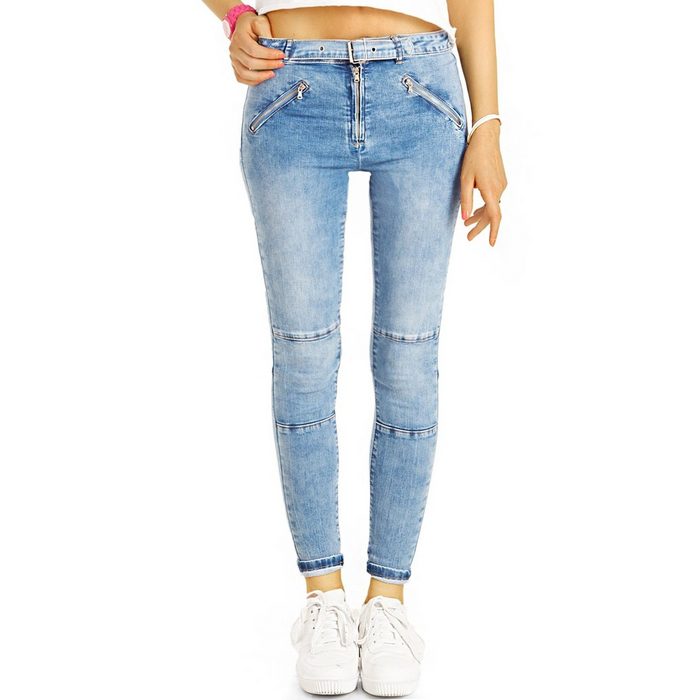 be styled Skinny-fit-Jeans Skinny Röhrenjeans mit Gürtel & Zipper enge Slim Stretch Fit in Vintage Used Hellblau - Damen - j8p