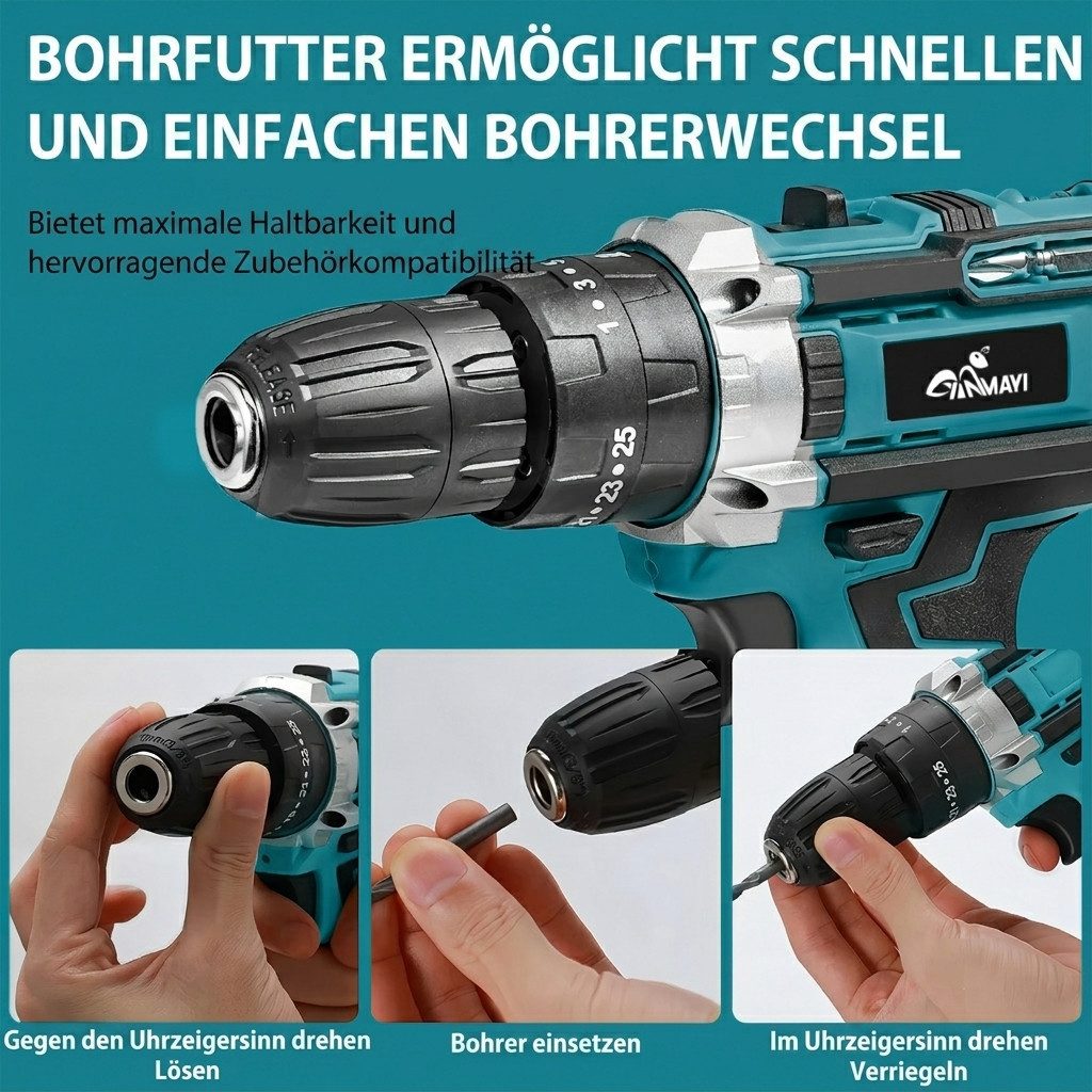 Blossom Akku-Bohrschrauber Akku-Schraubendreher 21V Akkuschrauber Set 50 Nm Max 2x 1300mAh Akkus, max. 1850 U/min, max 1850 U/min, 25+3 Drehmomentstufen,LED Licht,Set,36-tlg, mit Koffer