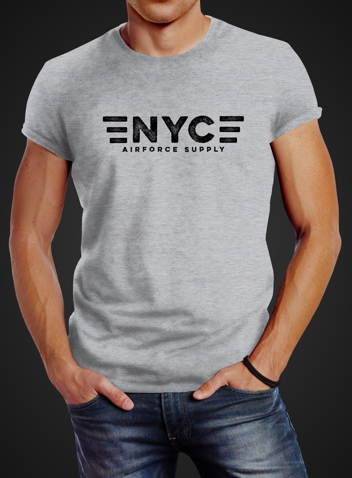 Aufdruck Print-Shirt Print NYC mit Neverless grau Supply T-Shirt Neverless® Airforce Print Army Herren New York City