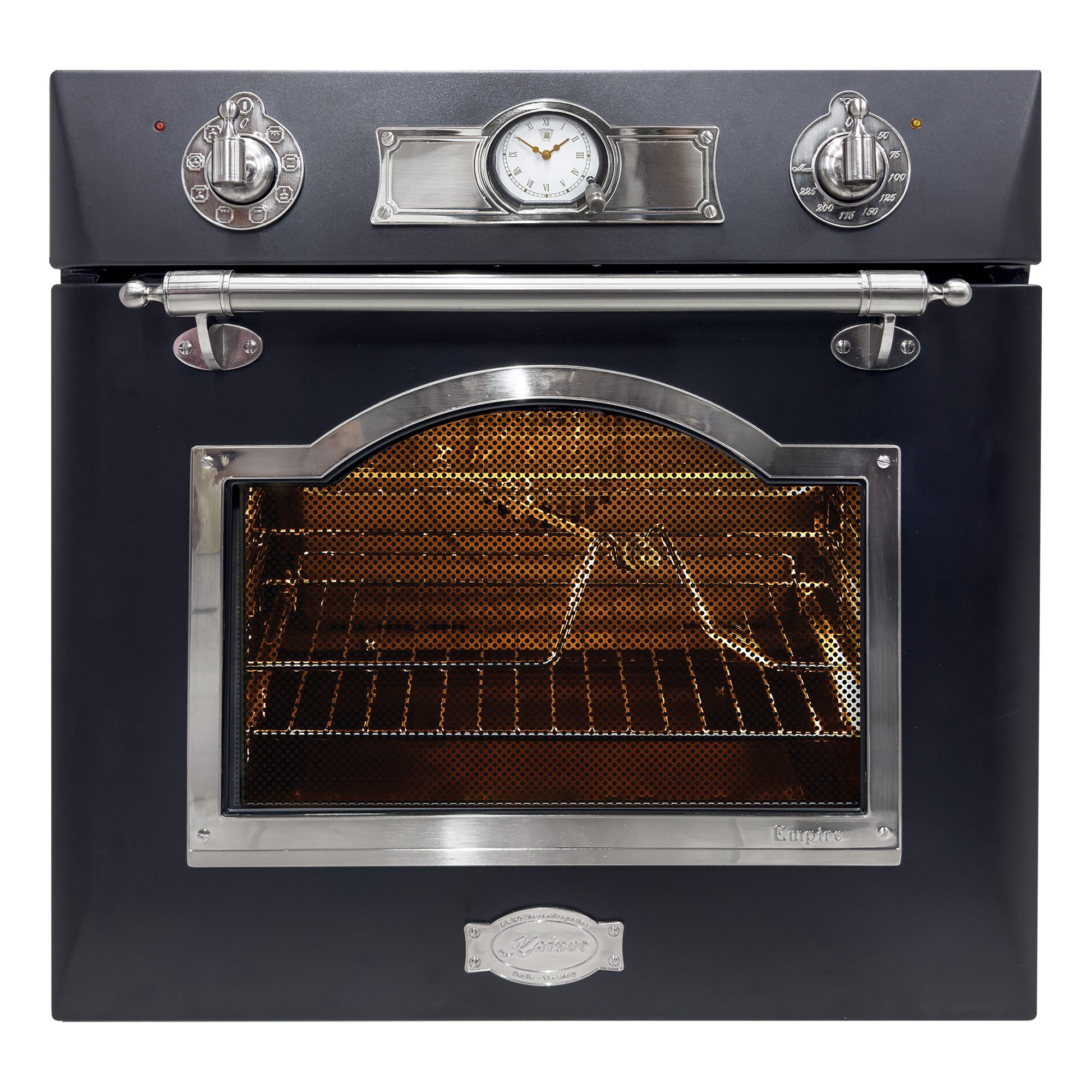 Kaiser Küchengeräte Backofen-Set Herd Set Autark Elektro Backofen 60 cm Autark, Teleskop-System, 67L, 8 Funktionen, Emaille-Farbe Anthrazit, Dekor Metall Silber Exklusiver Retro Backofen+Induktions Kochfeld Autark Herd Power Booster 60 cm Anti Scratch/ matt EH 6355 Em Sil+KCT 6110 FI., mit 1-fach-Teleskopauszug