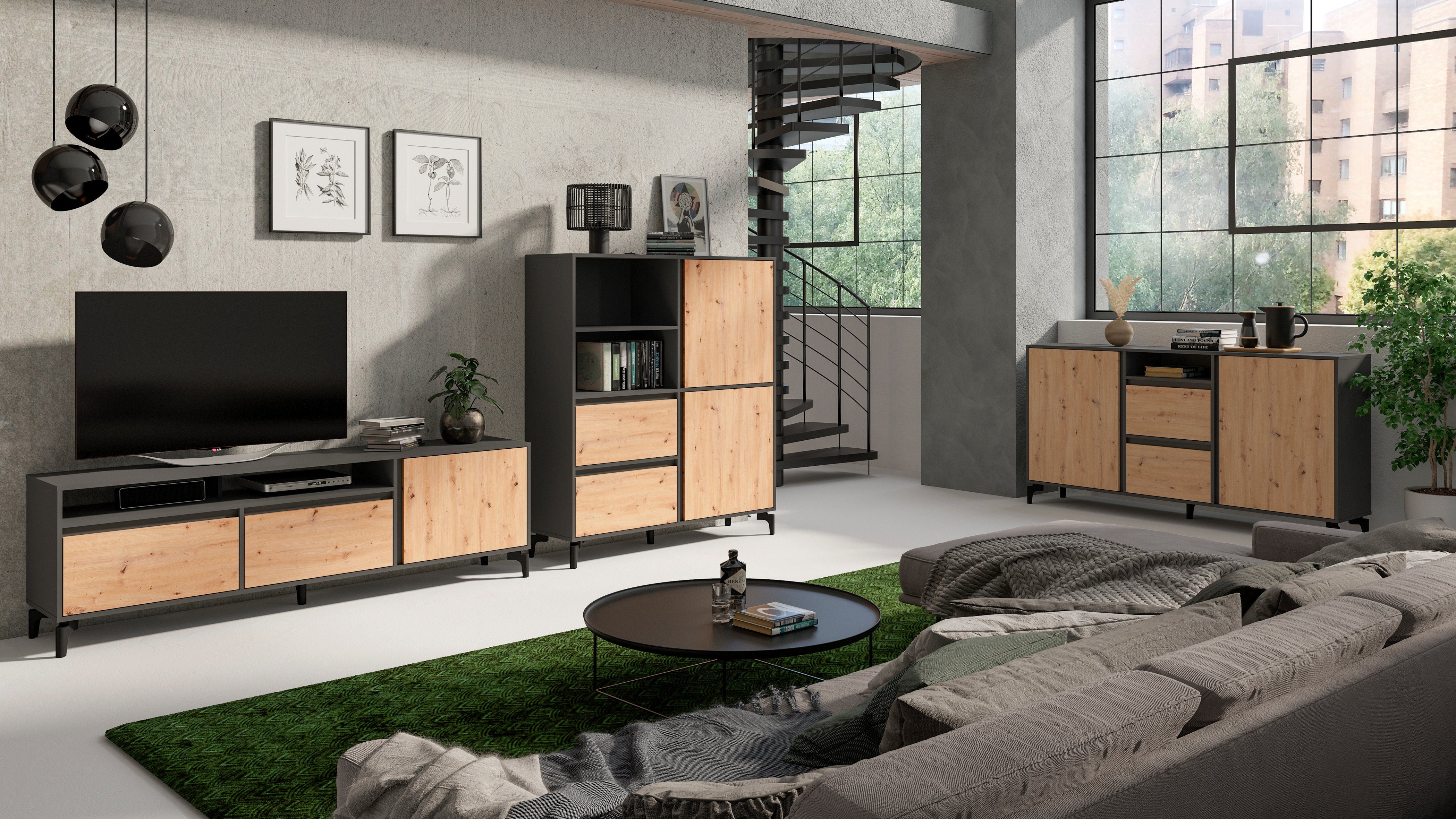 byLIVING Sideboard BLACKWOOD (Korpus in anthrazit, günstig online kaufen