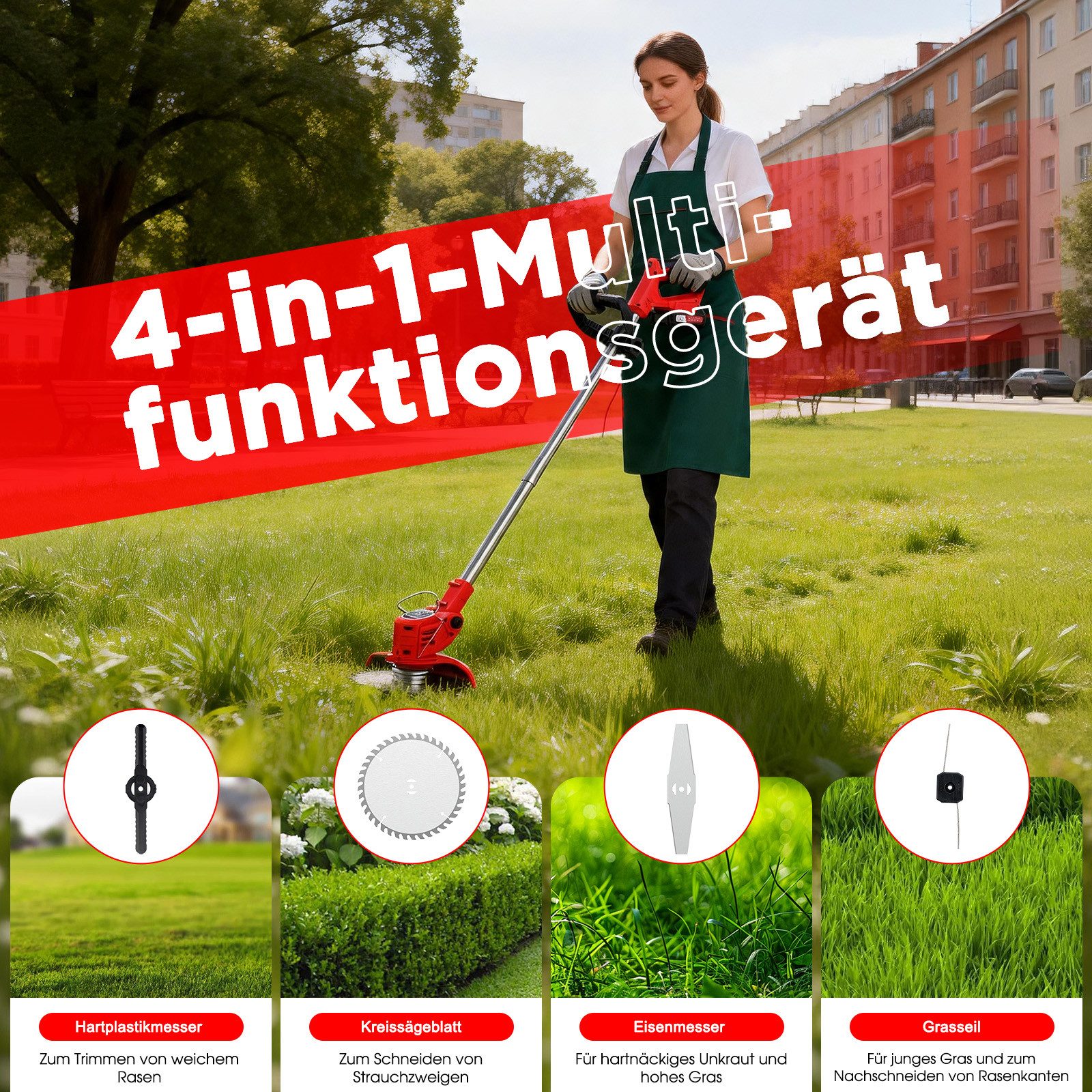 OUTIGO Akku-Rasentrimmer Akku Rasentrimmer, 2 Akkus und 4 Messertypen, (Set), Akku Rasentrimmer Akkurasenmäher