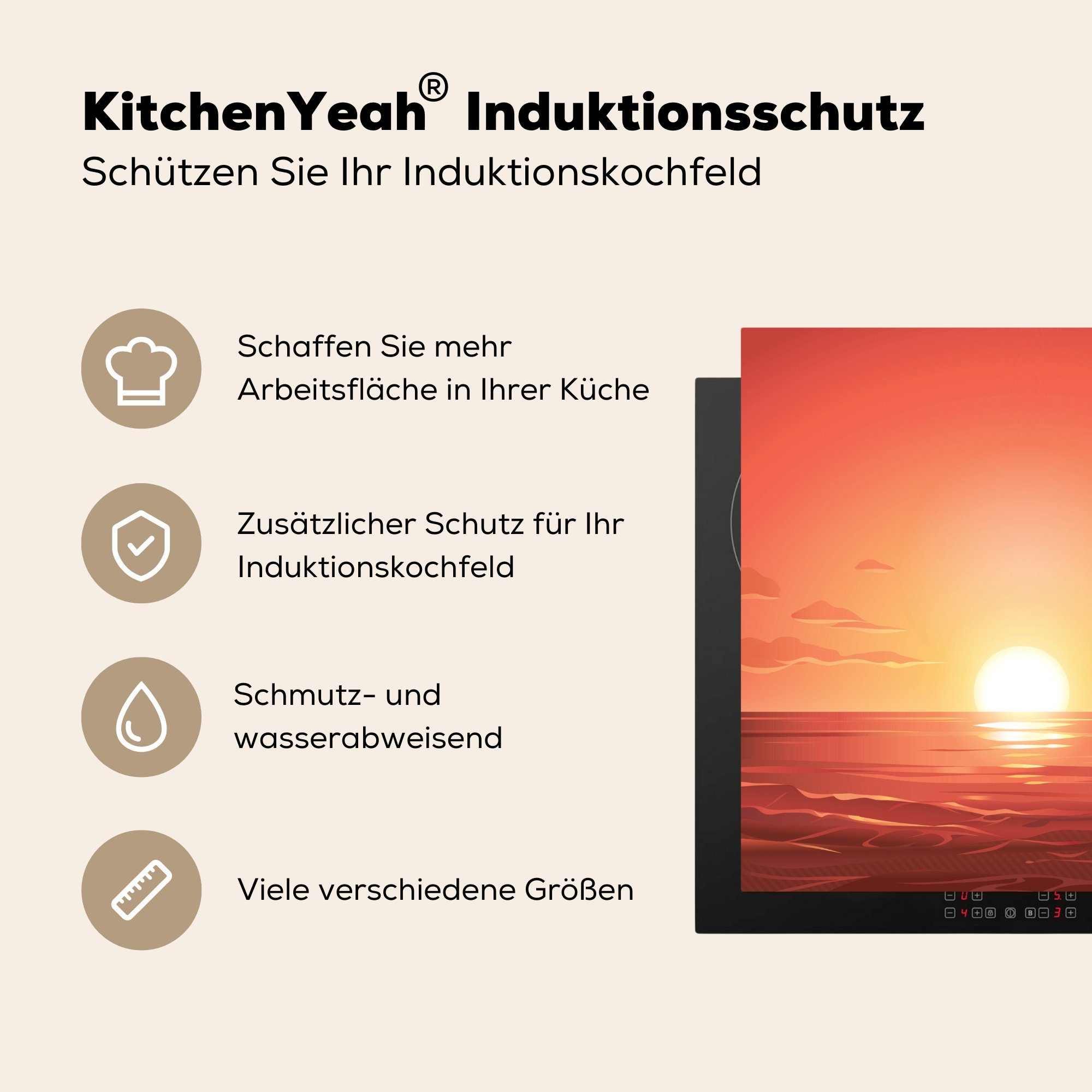 MuchoWow Herdblende-/Abdeckplatte Meer - Ceranfeldabdeckung, cm, tlg), Vinyl, (1 Sonne für - Orange, 78x78 Arbeitsplatte küche