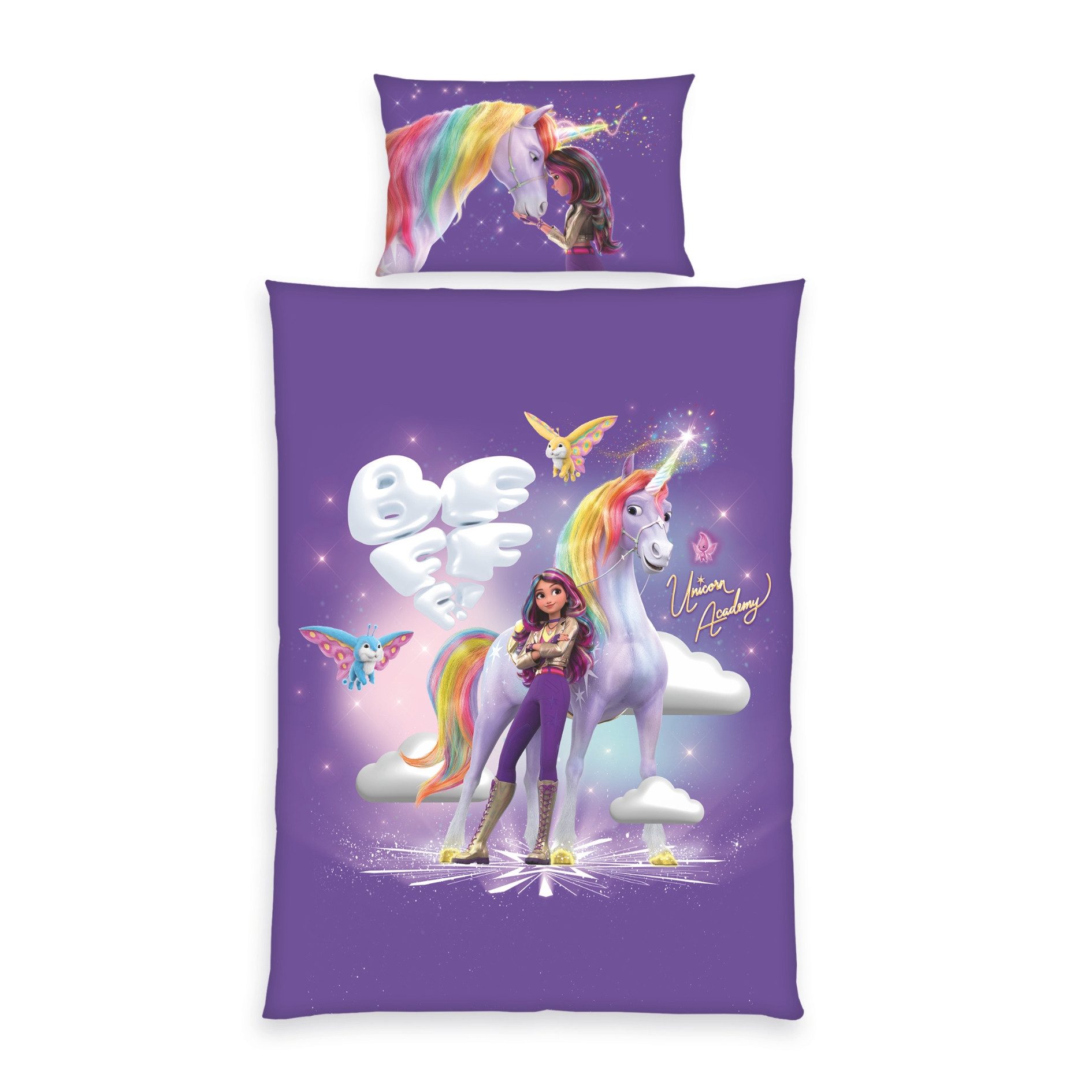 MTOnlinehandel Babybettwäsche Unicorn Academy 100x135 + 40x60 cm, Renforcé, 100% Baumwolle, 2 teilig, offiziell zur Netflix-Serie für kleine Einhornfans