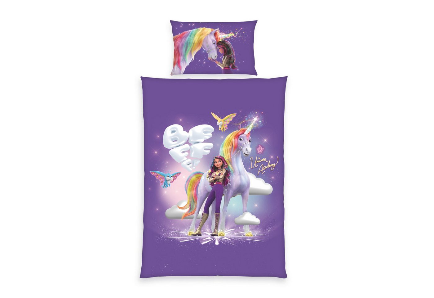 MTOnlinehandel Babybettwäsche Unicorn Academy 100x135 + 40x60 cm, Renforcé, 100% Baumwolle, 2 teilig, offiziell zur Netflix-Serie für kleine Einhornfans