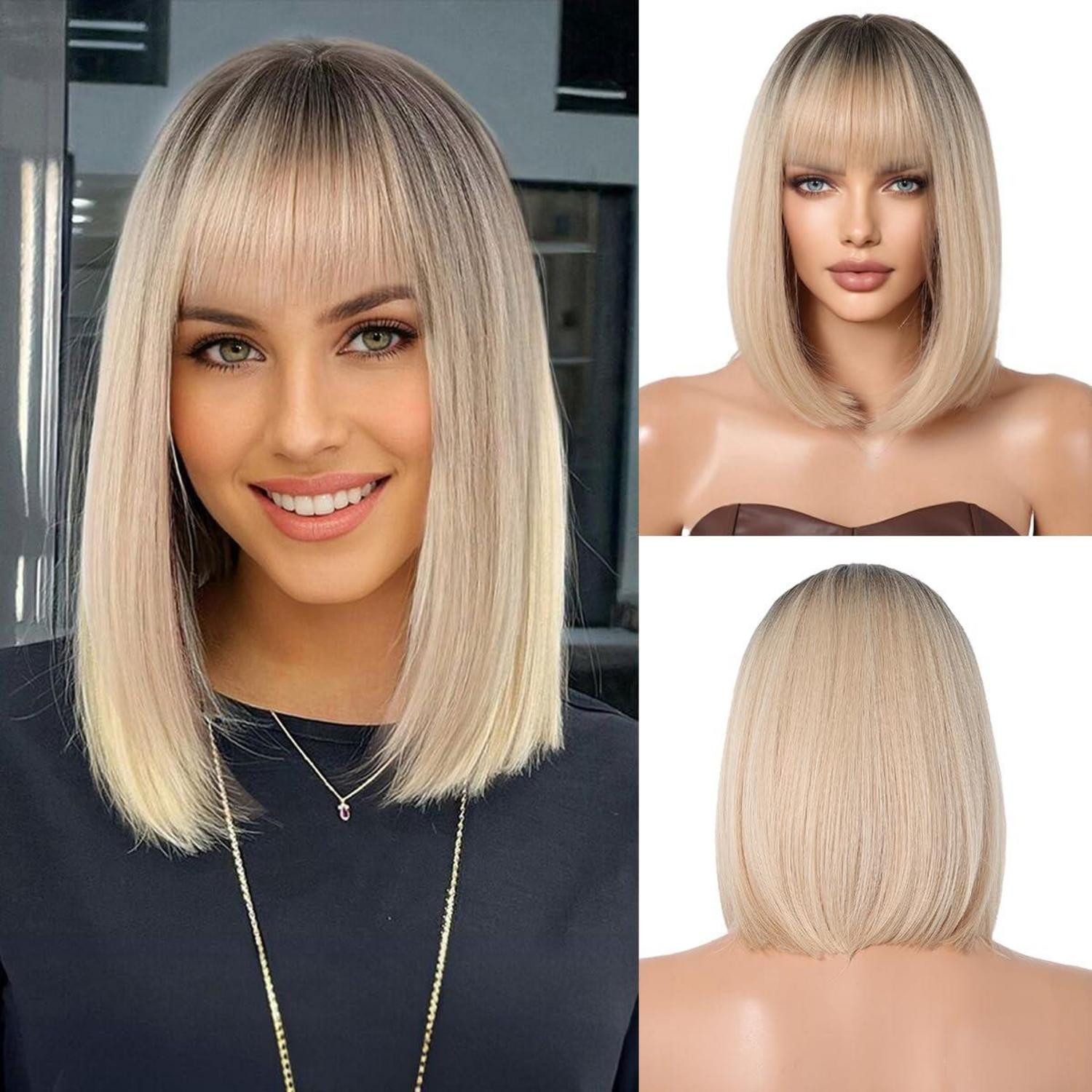 Kunsthaarperücke Ombre Blonde Bob Perücke mit Pony für Frauen - Kurz gerade