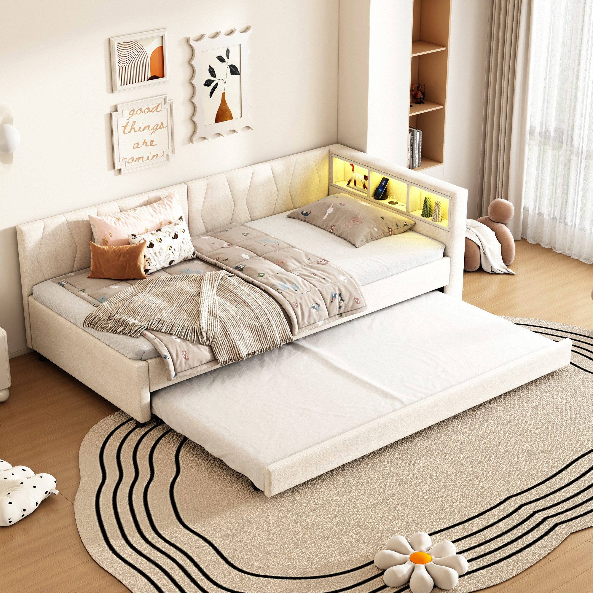 Flieks Daybett, LED Polsterbett Schlafsofa 90x200cm & Ausziehbett 90x190cm günstig online kaufen