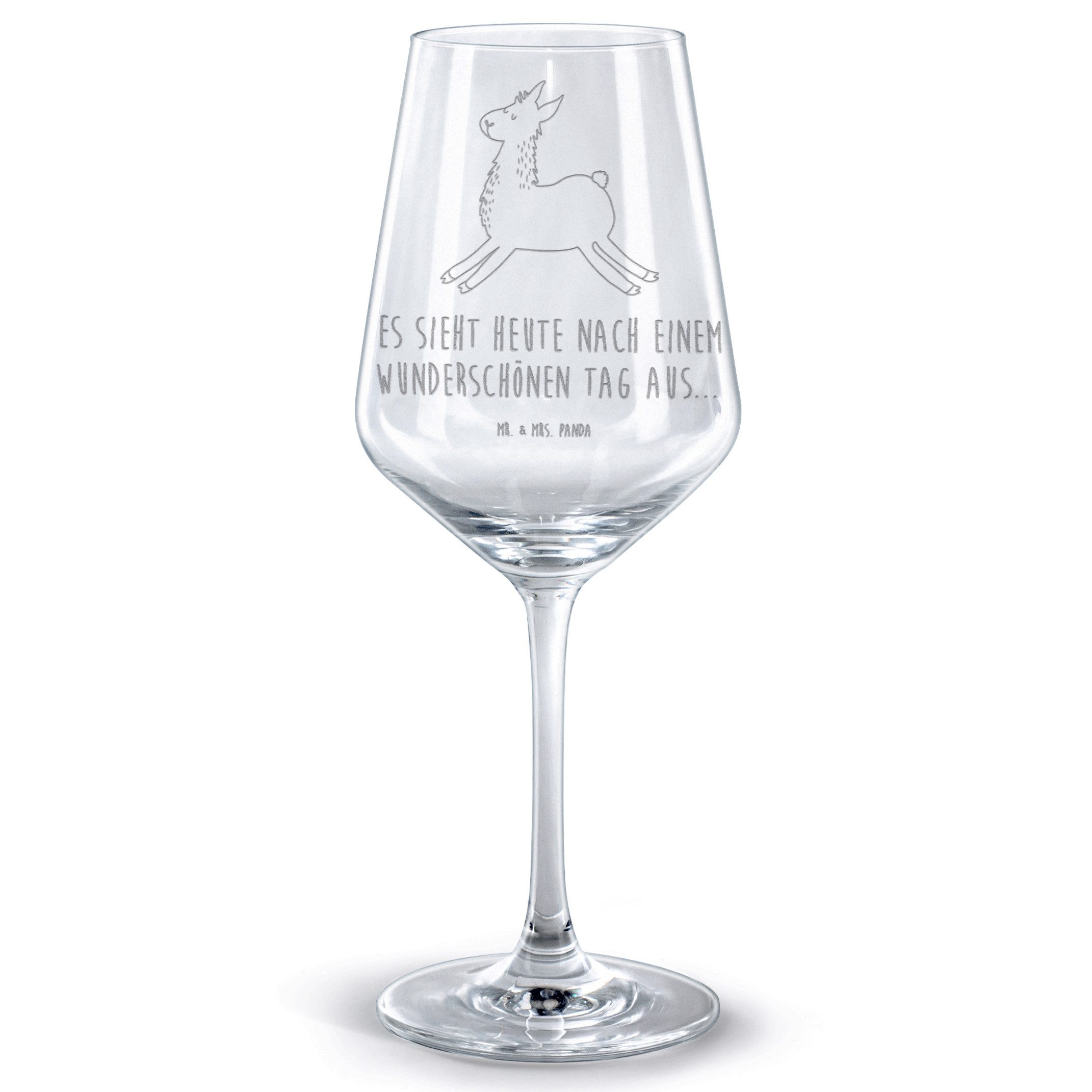 Mr. & Mrs. Panda Rotweinglas Lama Springen - Transparent - Geschenk, Rotweinglas, Hochwertige Wein, Premium Glas, Spülmaschinenfest