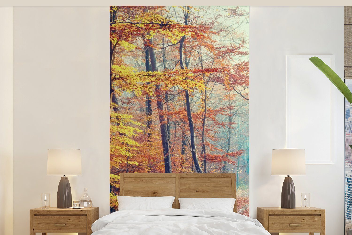 Fototapete St), - Herbst Fototapete - für MuchoWow Schlafzimmer Vliestapete Matt, Küche, (2 bedruckt, Wald Wohnzimmer Laub,