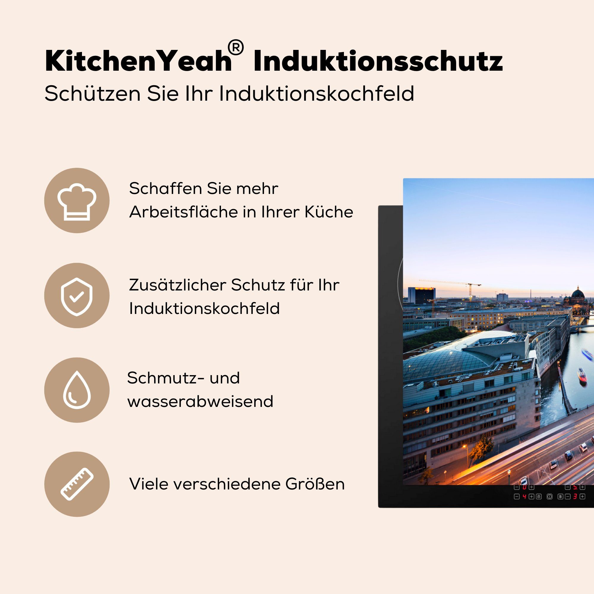 Vinyl, - Berlin 83x51 (1 für küche Herdblende-/Abdeckplatte Ceranfeldabdeckung, cm, tlg), - Deutschland, Arbeitsplatte Abend MuchoWow