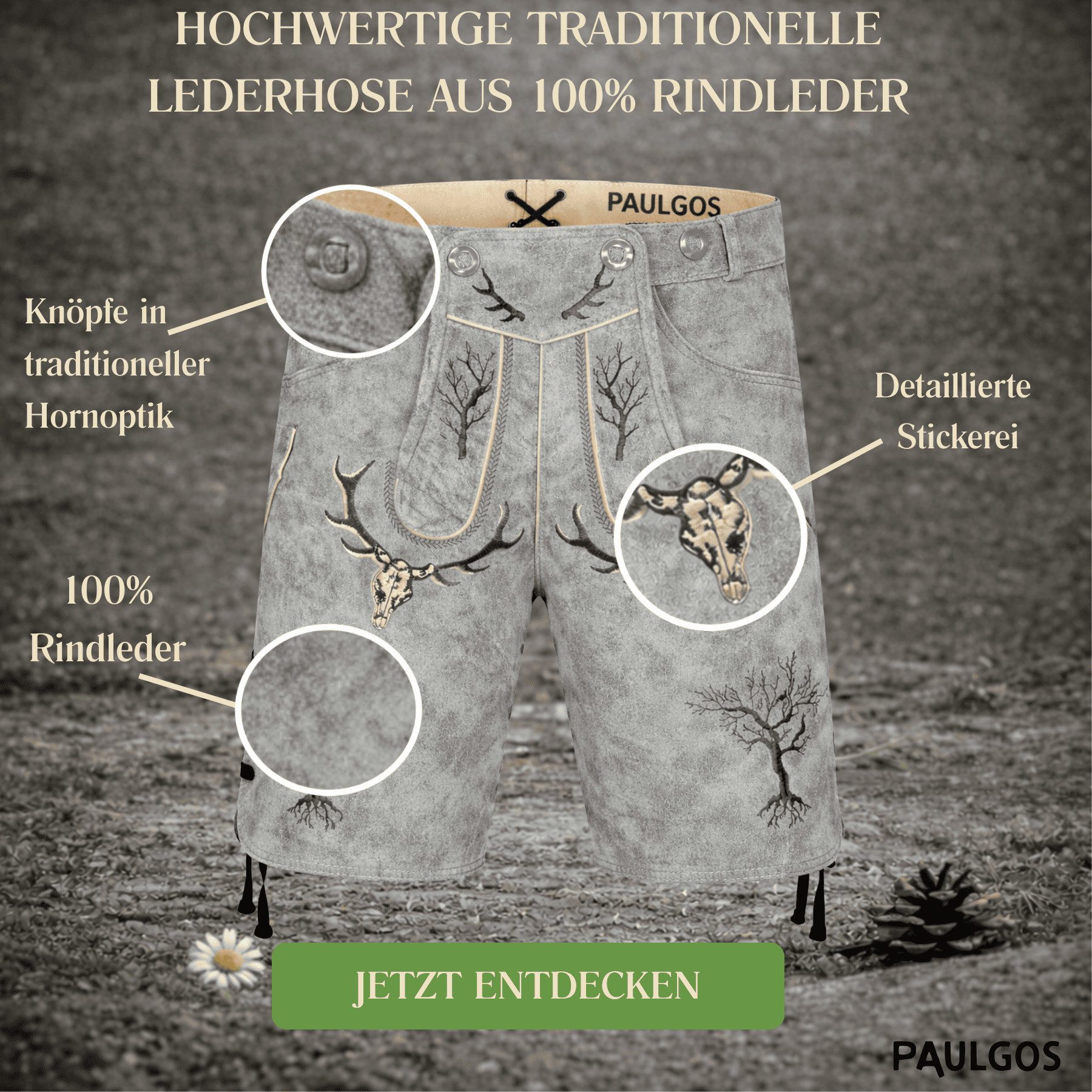 PAULGOS Trachtenhose Herren Lederhose Kurz mit Trägern 100% Echtleder - HK6 ANTIK