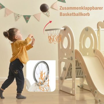 Merax Rutsche für Kinder mit Basketballkorb und rutschfeste Leiter, Busform, 4-in -1 Kinderrutsche mit Basketball, aus HDPE, belastbar bis 55kg