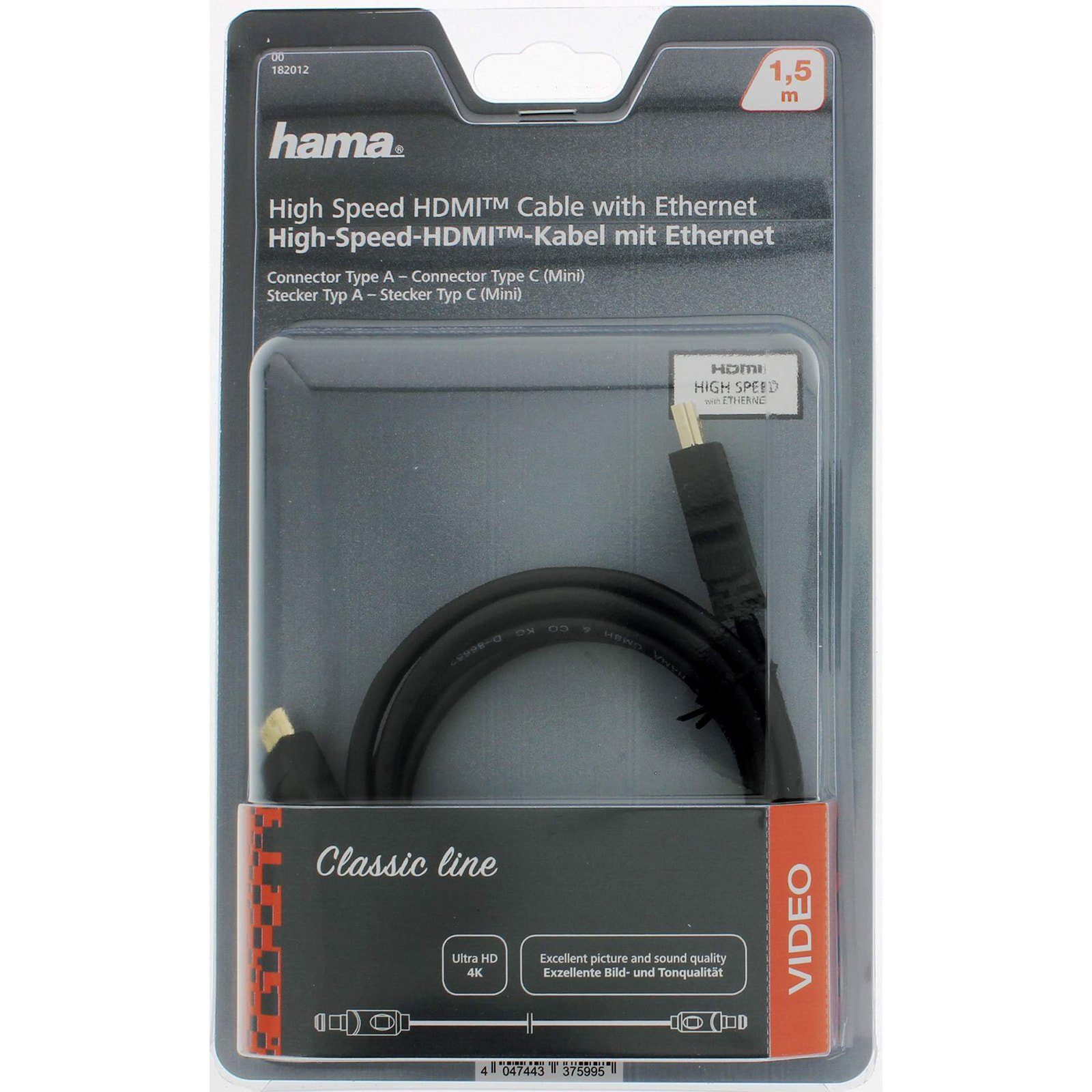 HDMI HDMI-Kabel, Mini HDMI, geschirmt Typ (150.00 4K A, (Mini), cm), HDMI zu Hama C HDMI Kabel HDMI 1,5m C Typ vergoldet,