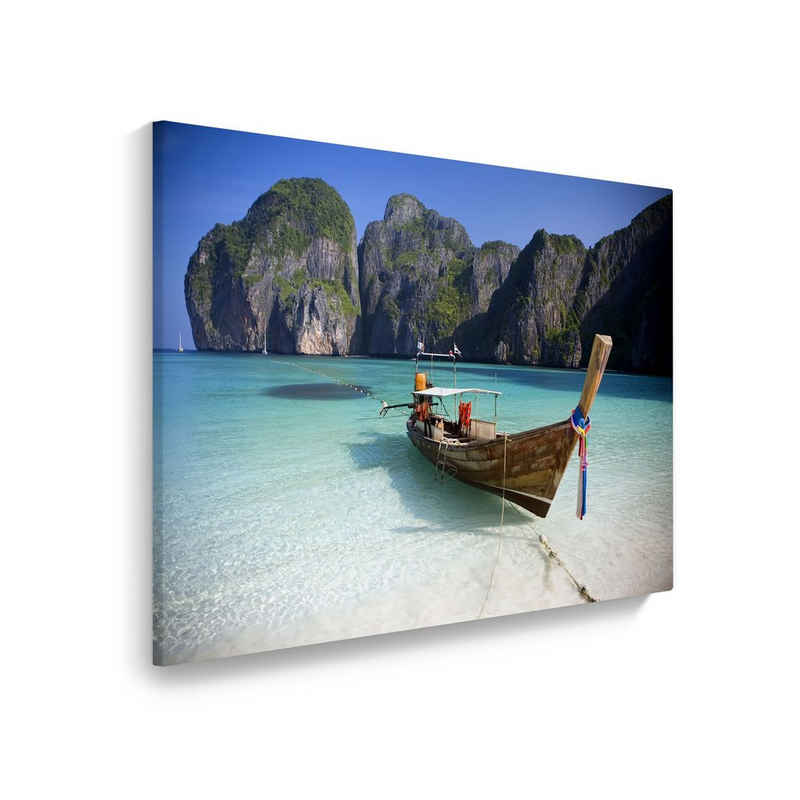 WallSpirit Leinwandbild "Strand mit Boot" - XXL Wandbild, Leinwand geeignet für alle Wohnbereiche