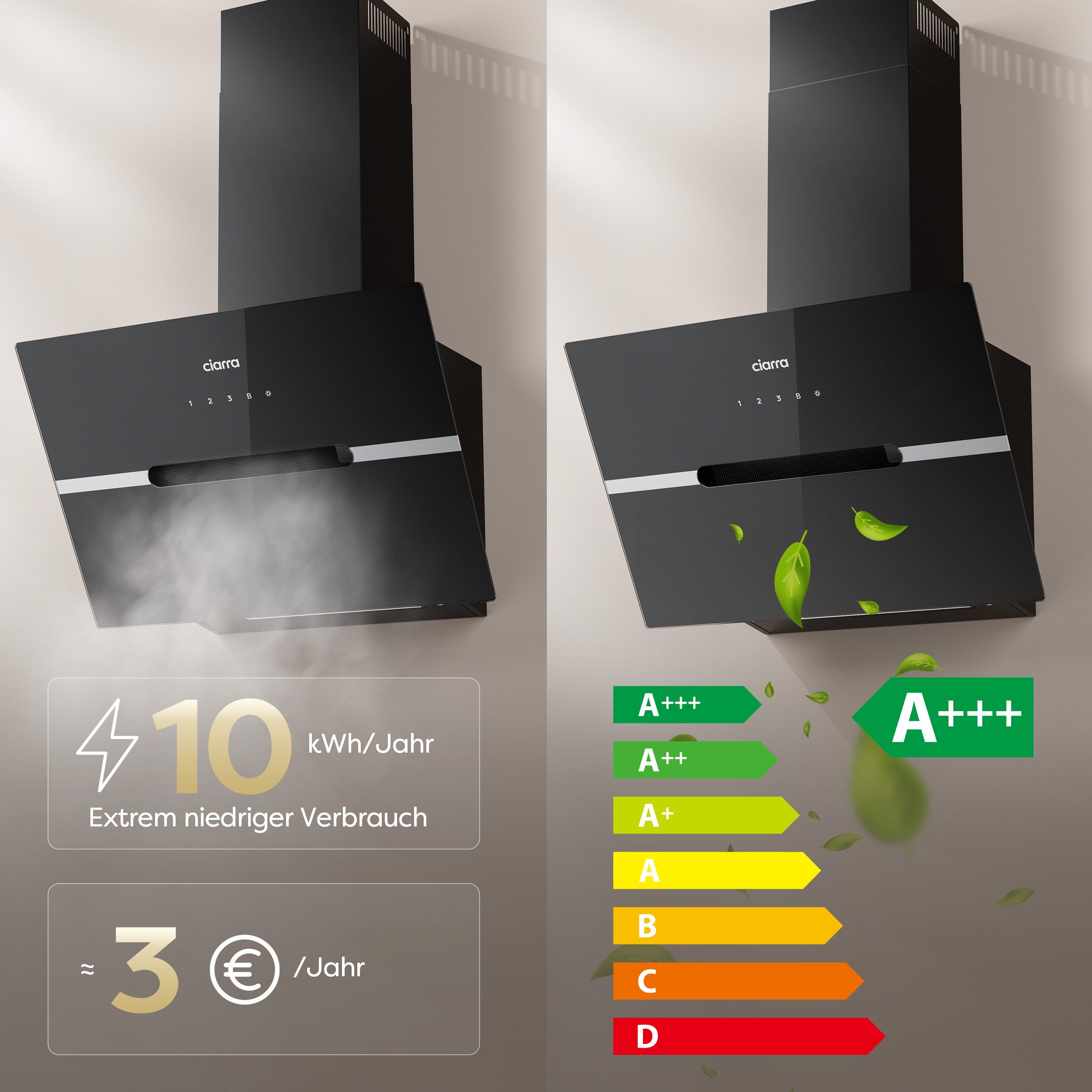 CIARRA Kopffreihaube 60 cm Dunstabzugshaube A+++ 688 m³/h Umluft & Abluft VM6736FB Serie 4 Stufen Inkl. BOOST Leise Schräghaube WIFI-APP Touch Control Umluft &  – Bild 2 von 5