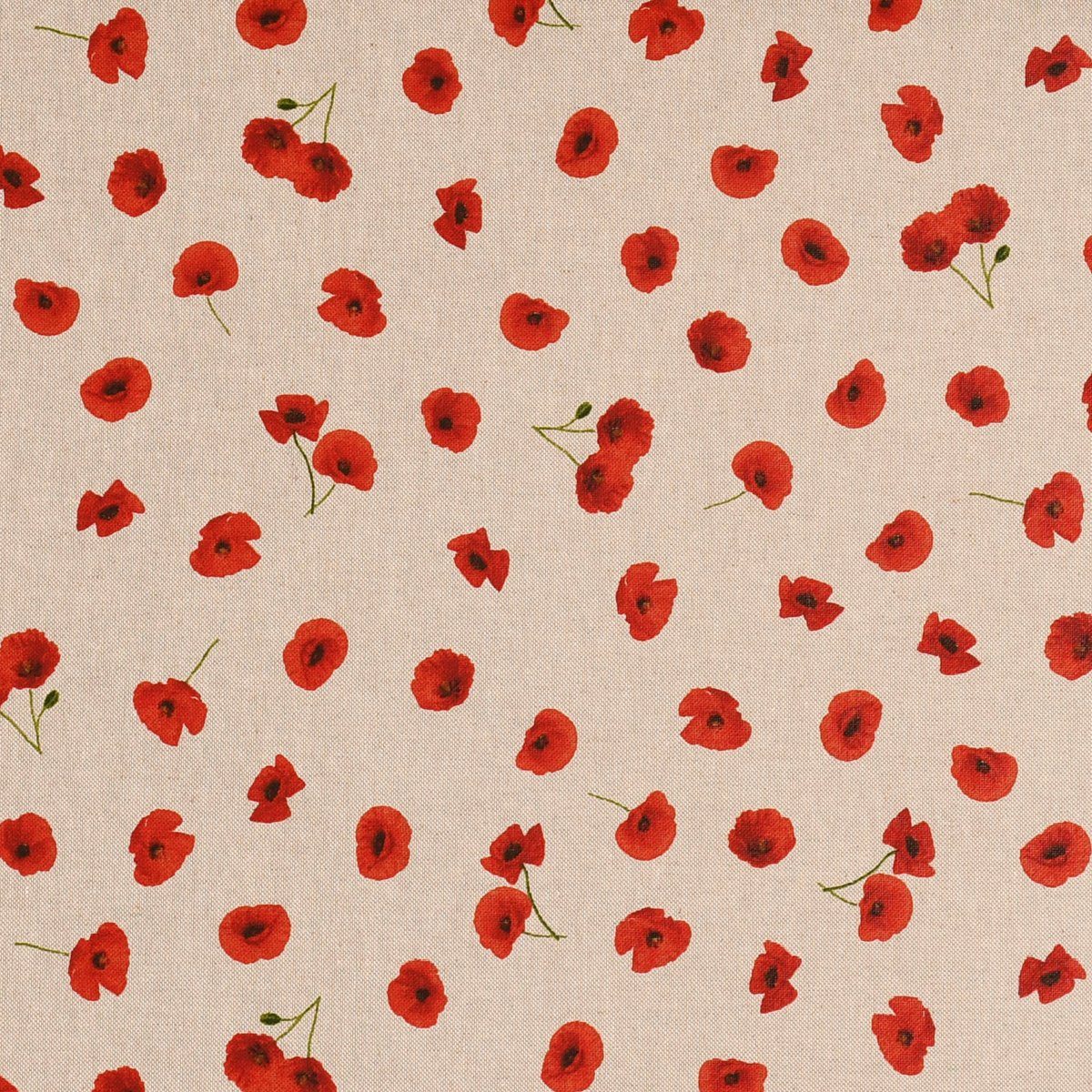 SCHÖNER LEBEN. Stoff Dekostoff Leinenlook Poppy Flower Mohnblüten Allover natur rot 1,40m